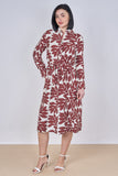 8Pcs Coral Leaf Print Belted Midi Shirt Dress