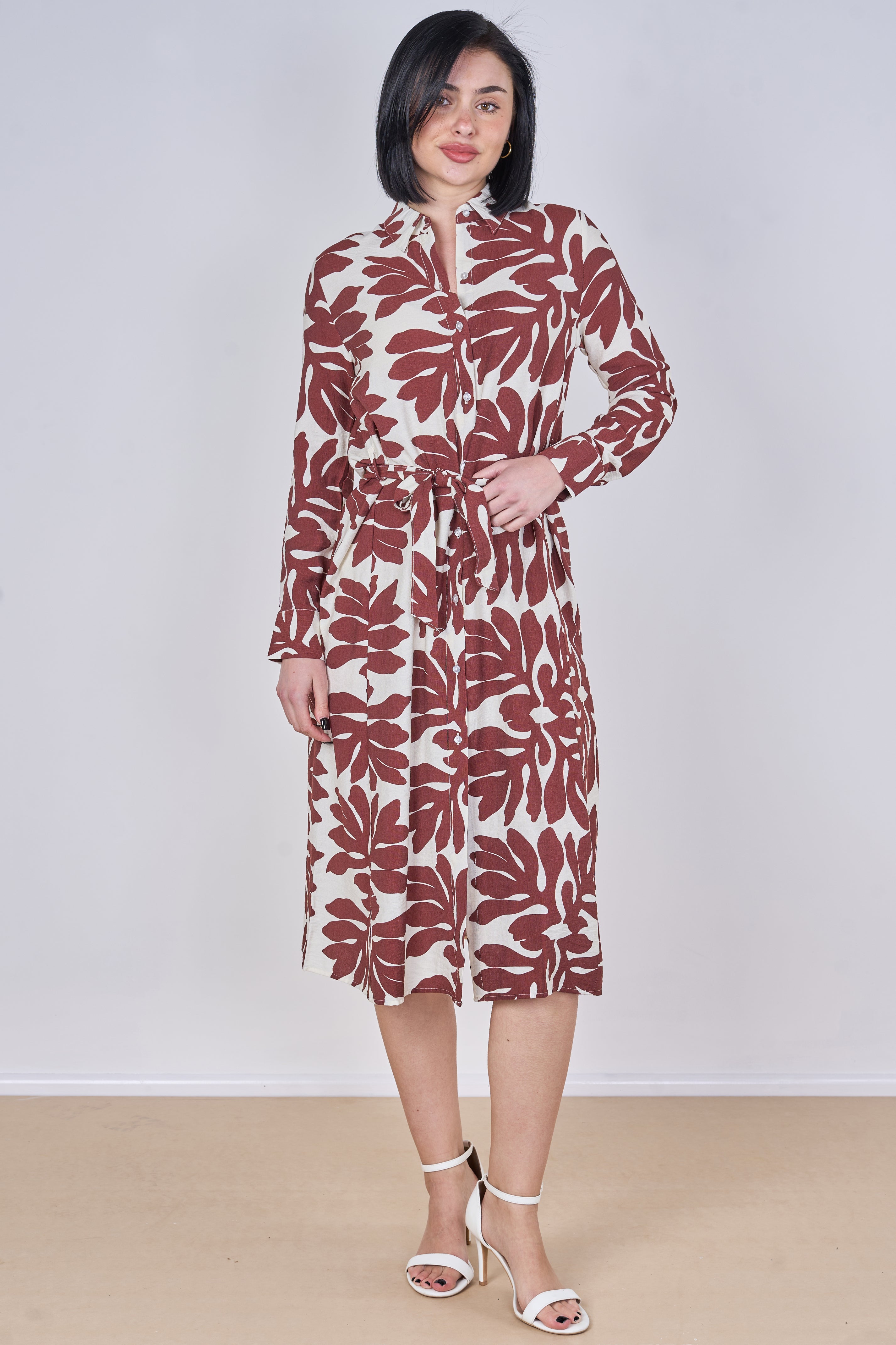 8Pcs Coral Leaf Print Belted Midi Shirt Dress