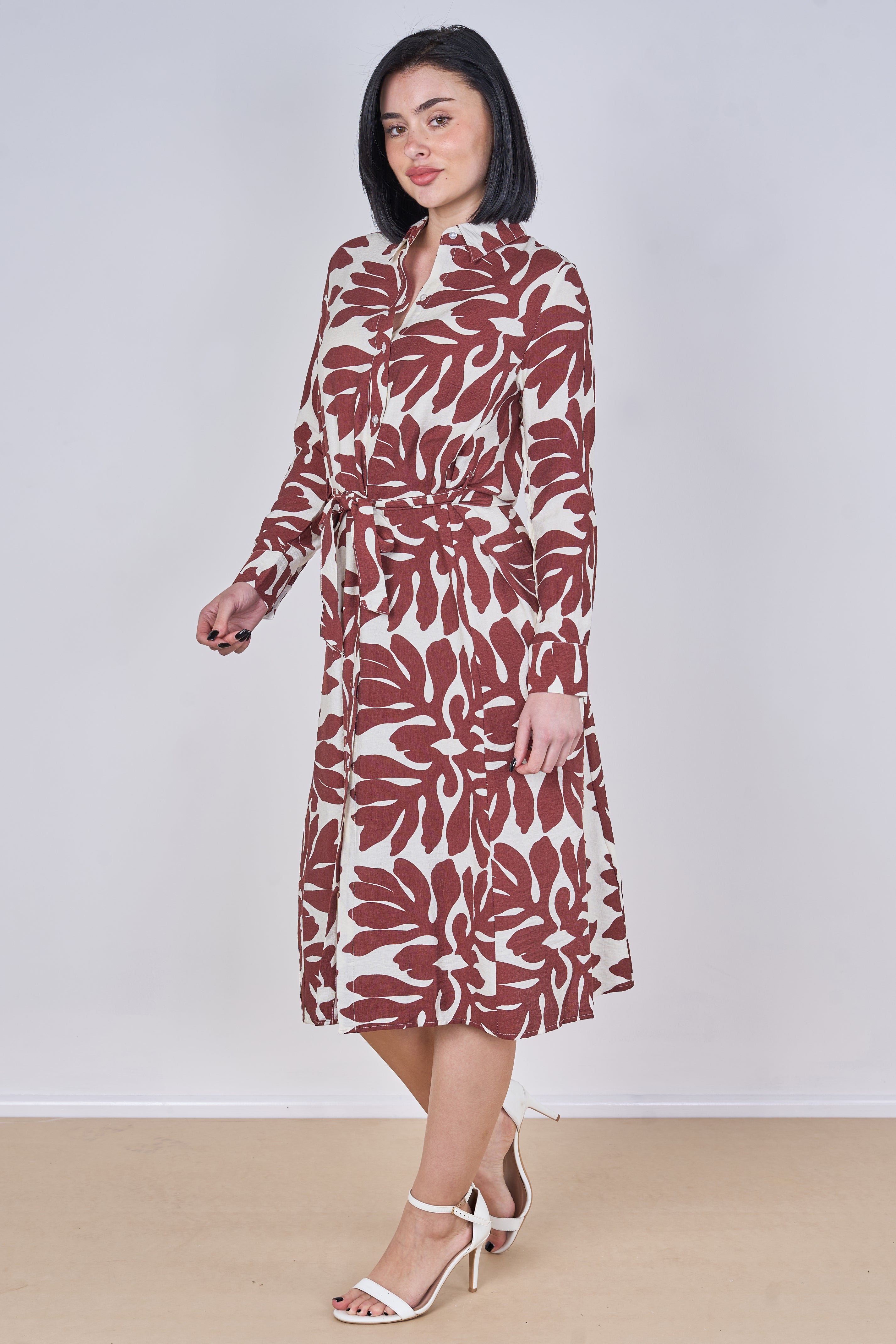 8Pcs Coral Leaf Print Belted Midi Shirt Dress