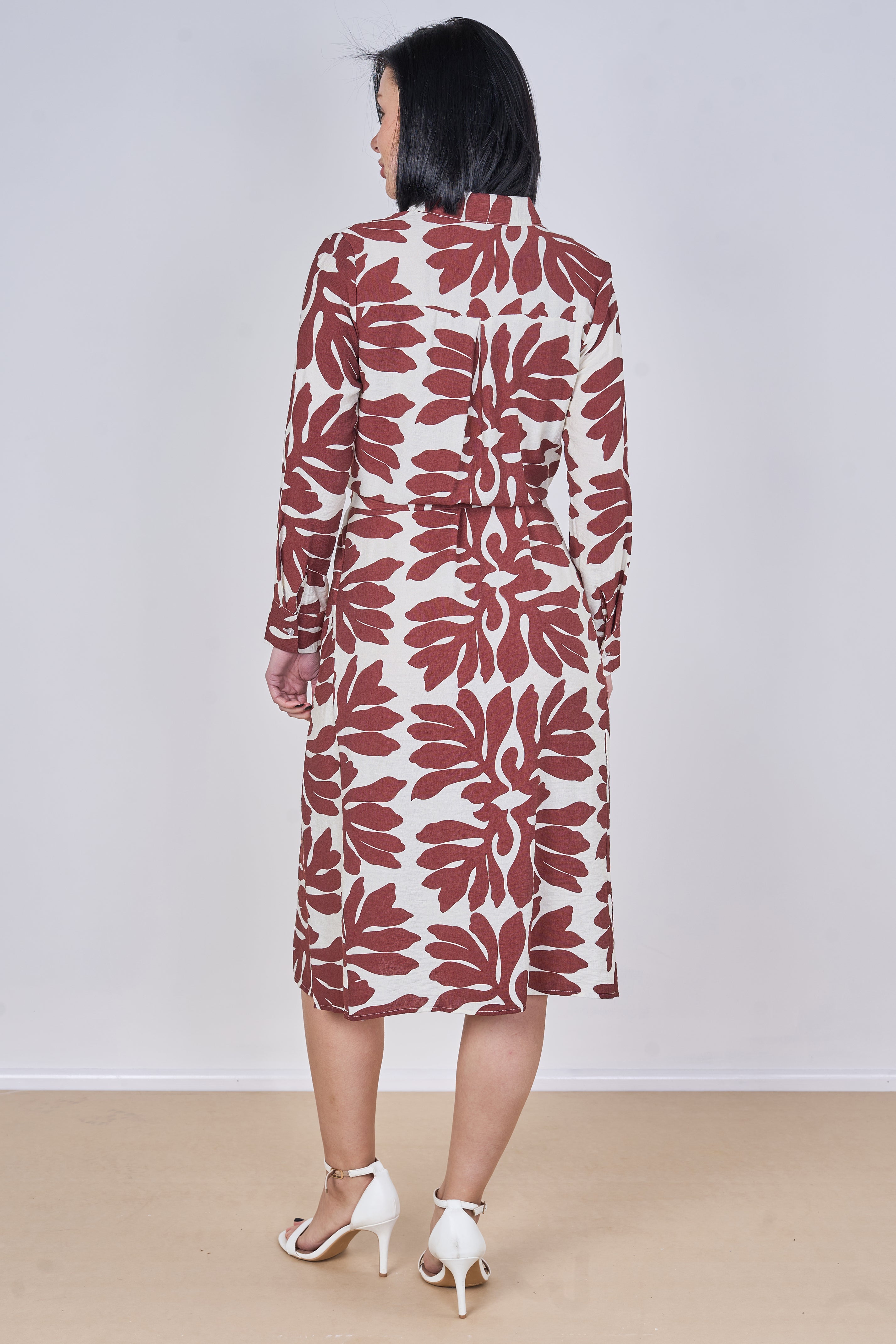 8Pcs Coral Leaf Print Belted Midi Shirt Dress
