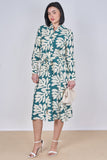 8Pcs Teal Leaf Print Belted Midi Shirt Dress