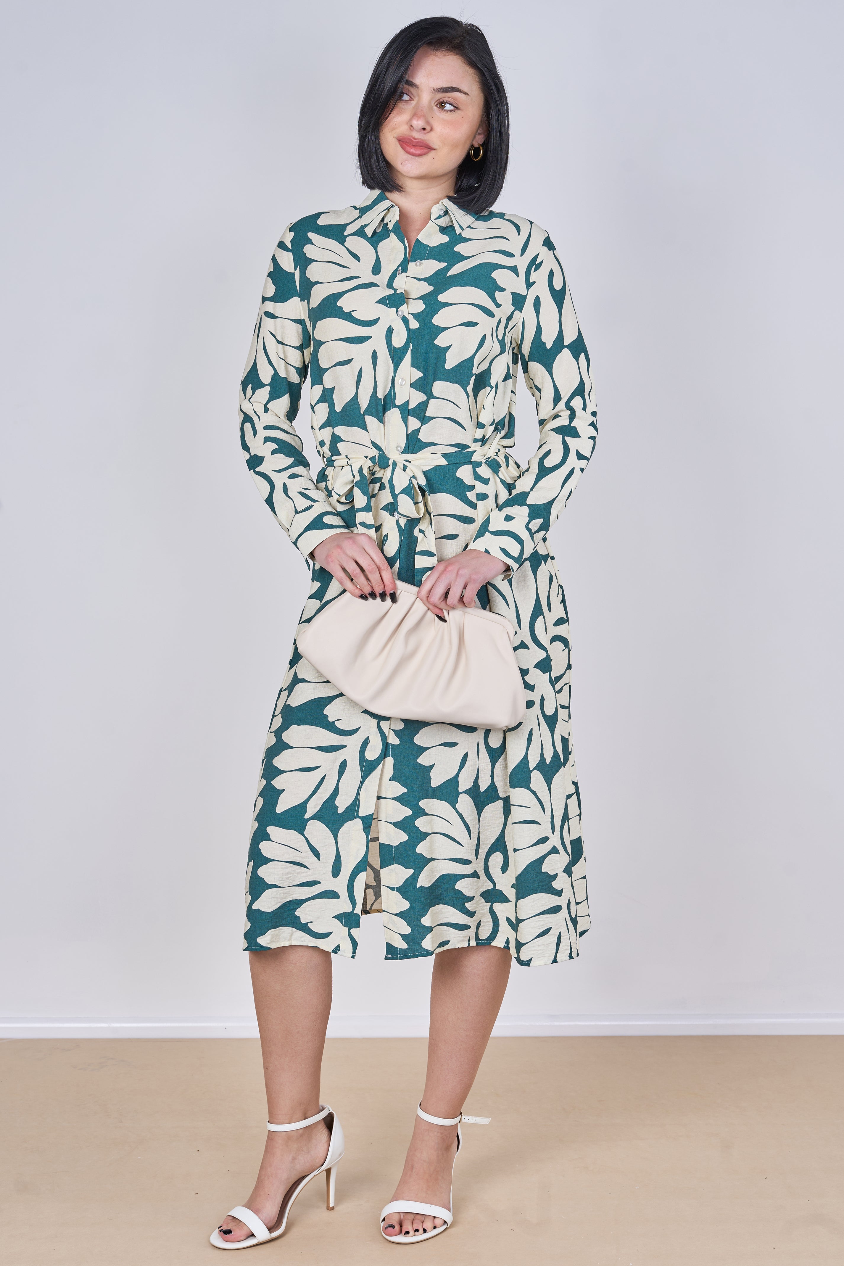 8Pcs Teal Leaf Print Belted Midi Shirt Dress