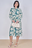 8Pcs Teal Leaf Print Belted Midi Shirt Dress
