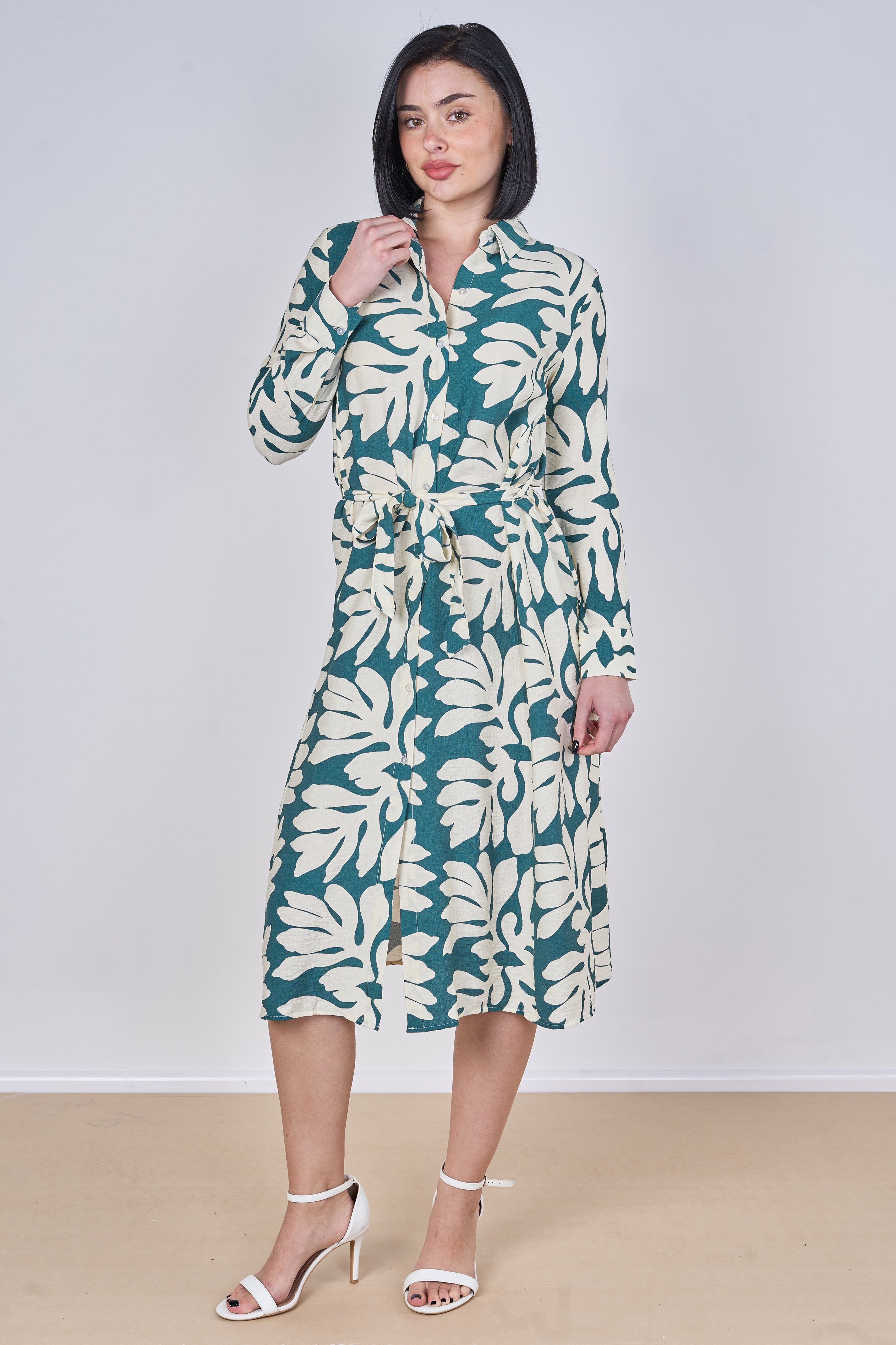 8Pcs Teal Leaf Print Belted Midi Shirt Dress
