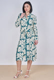 8Pcs Teal Leaf Print Belted Midi Shirt Dress