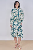 8Pcs Teal Leaf Print Belted Midi Shirt Dress