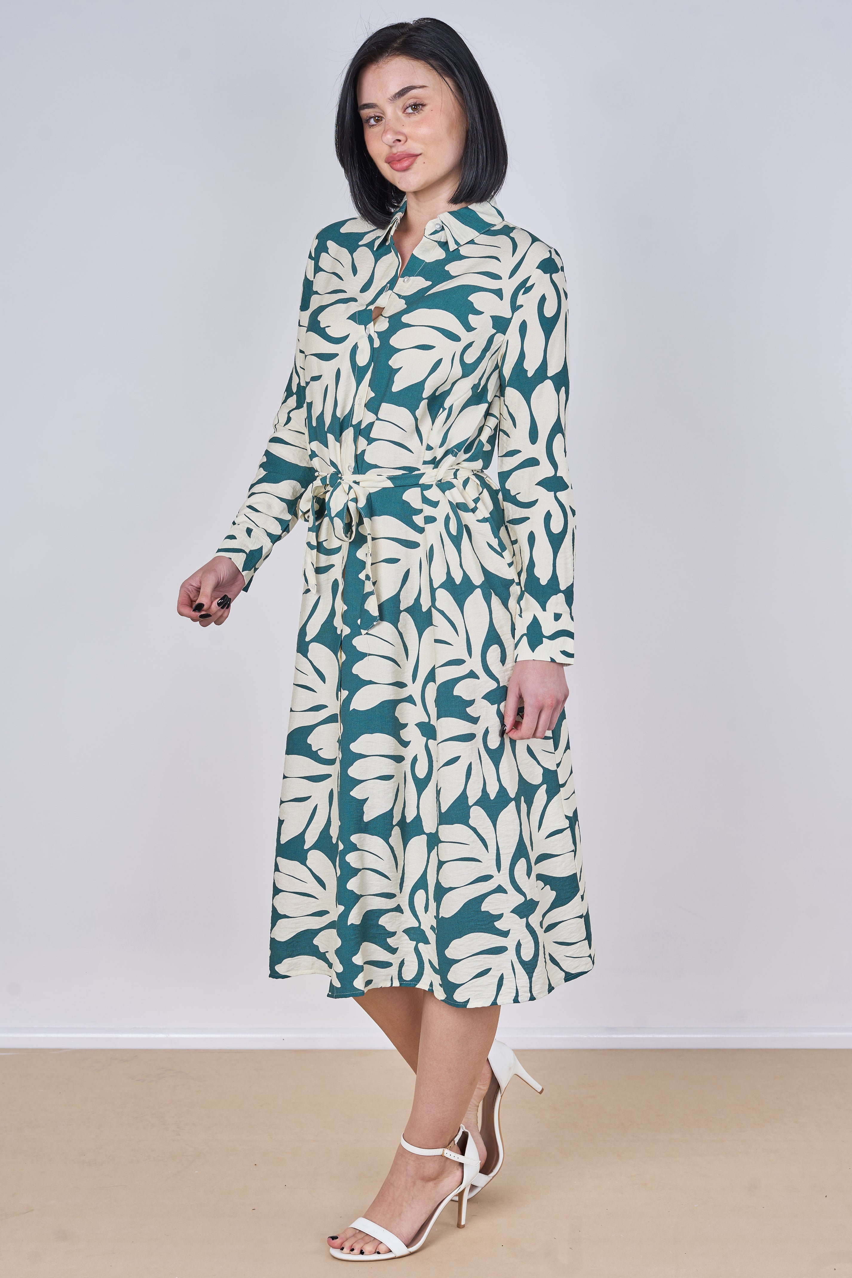 8Pcs Teal Leaf Print Belted Midi Shirt Dress