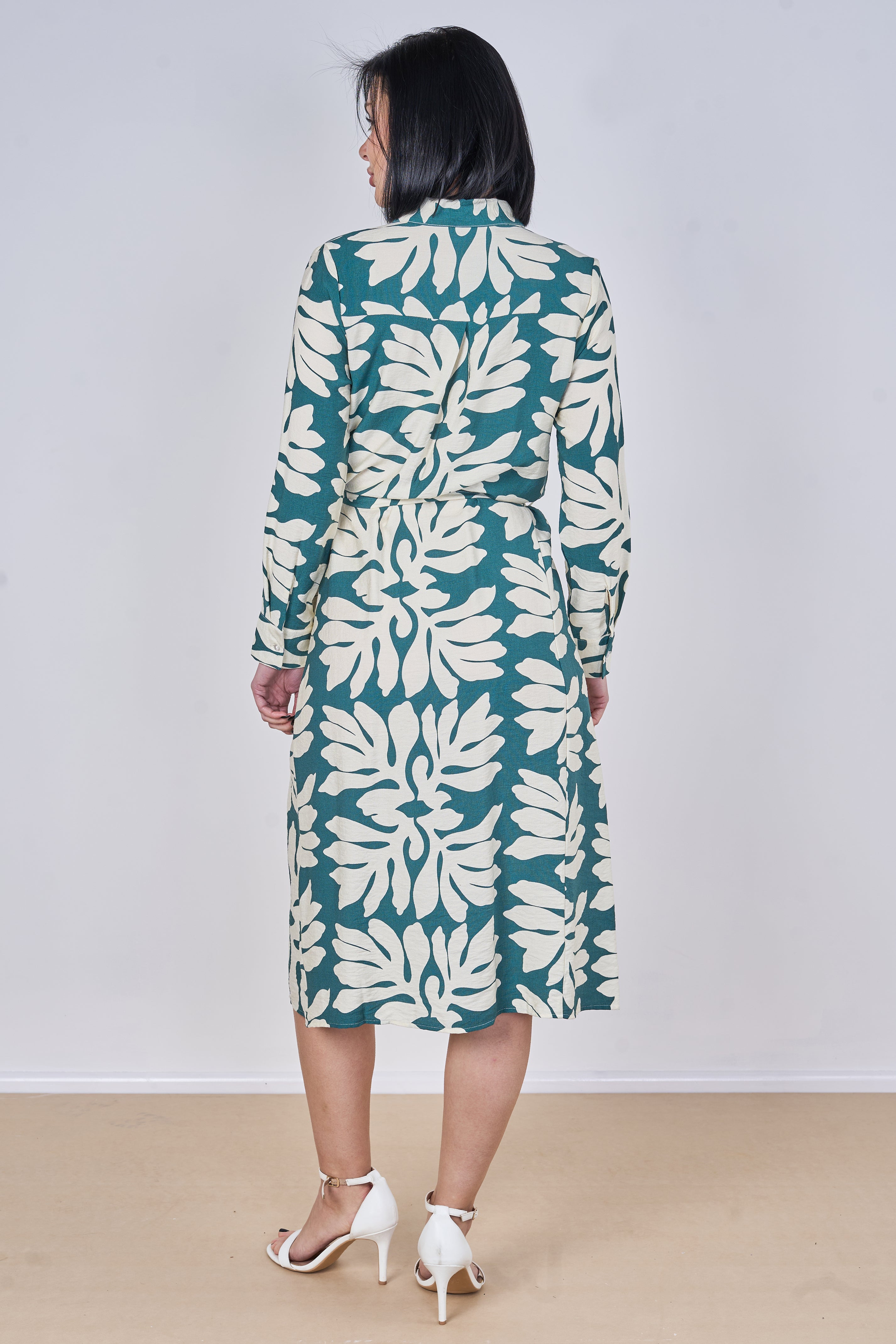 8Pcs Teal Leaf Print Belted Midi Shirt Dress