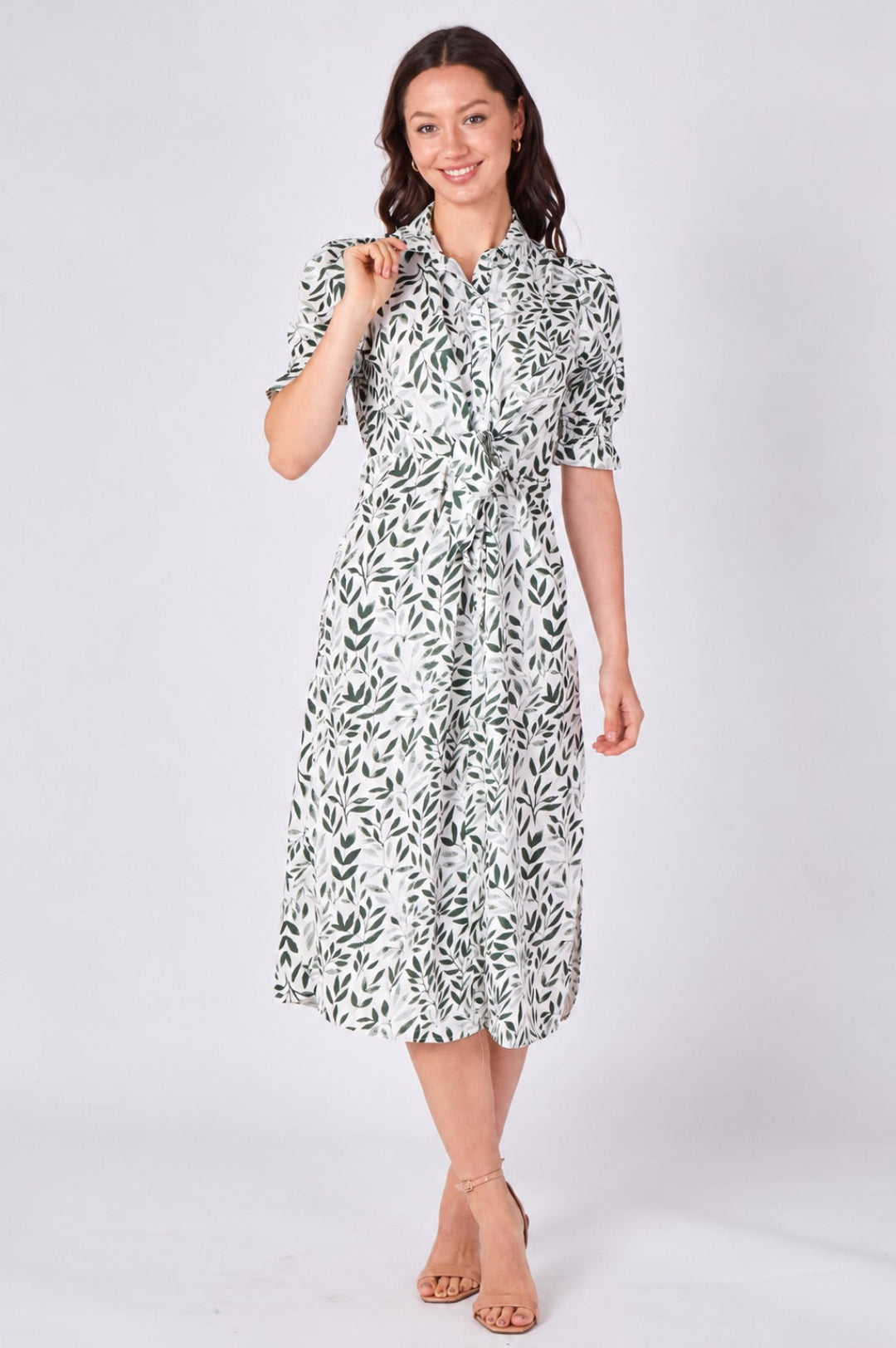 8Pcs Green Leaf Print Tie Waist Midi Dress