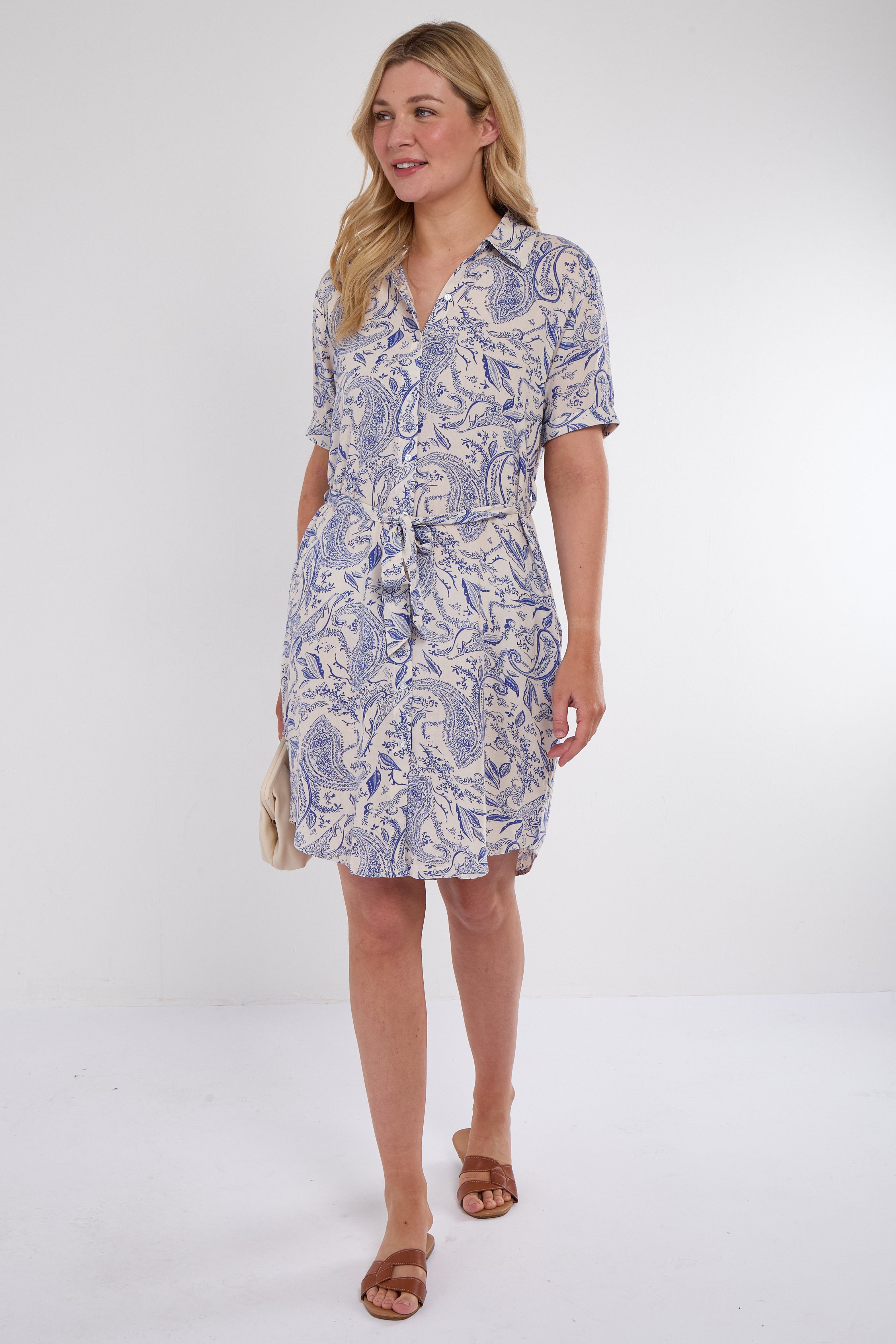 6Pcs Blue Paisley Print Short Sleeve Mini Shirt Dress