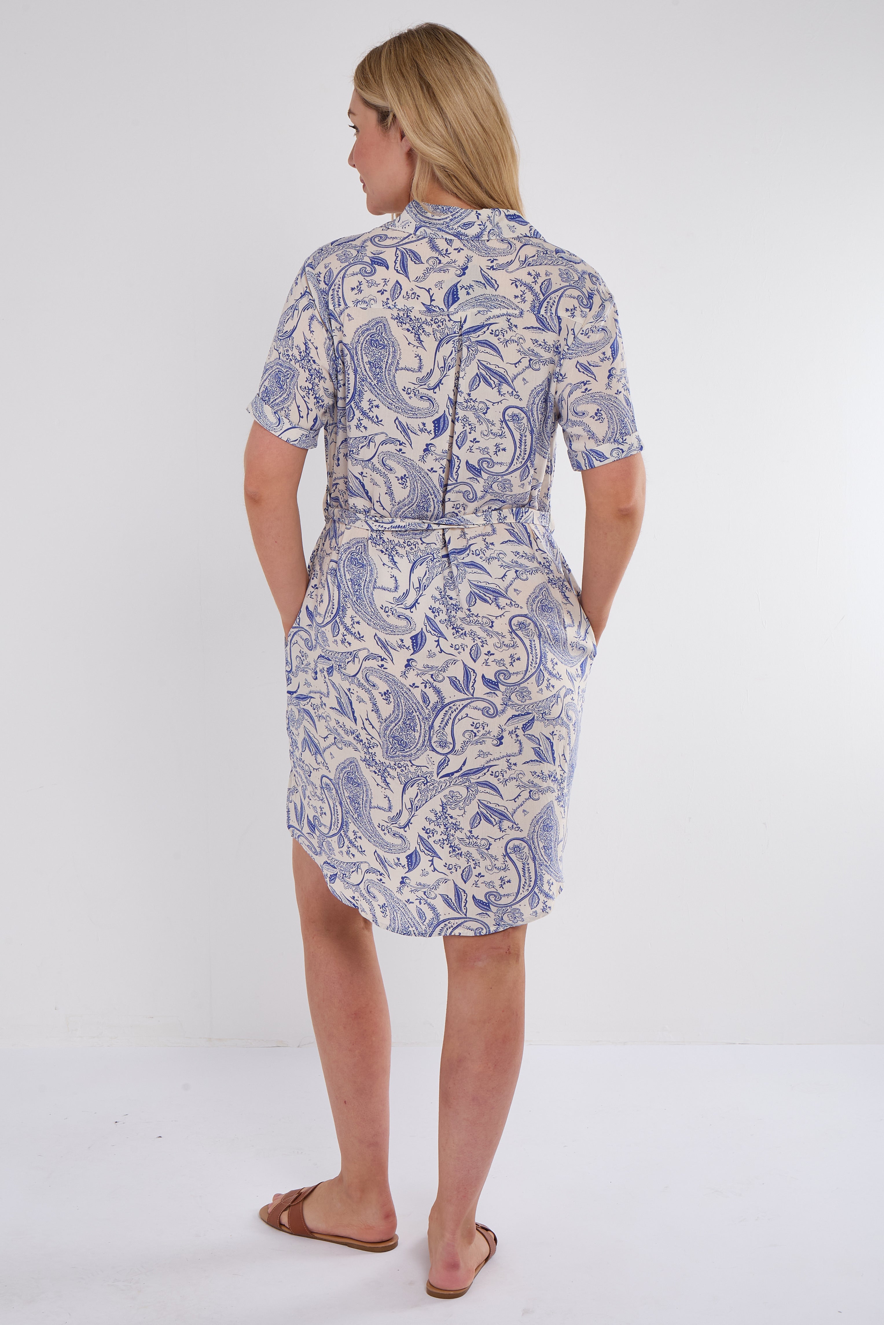6Pcs Blue Paisley Print Short Sleeve Mini Shirt Dress