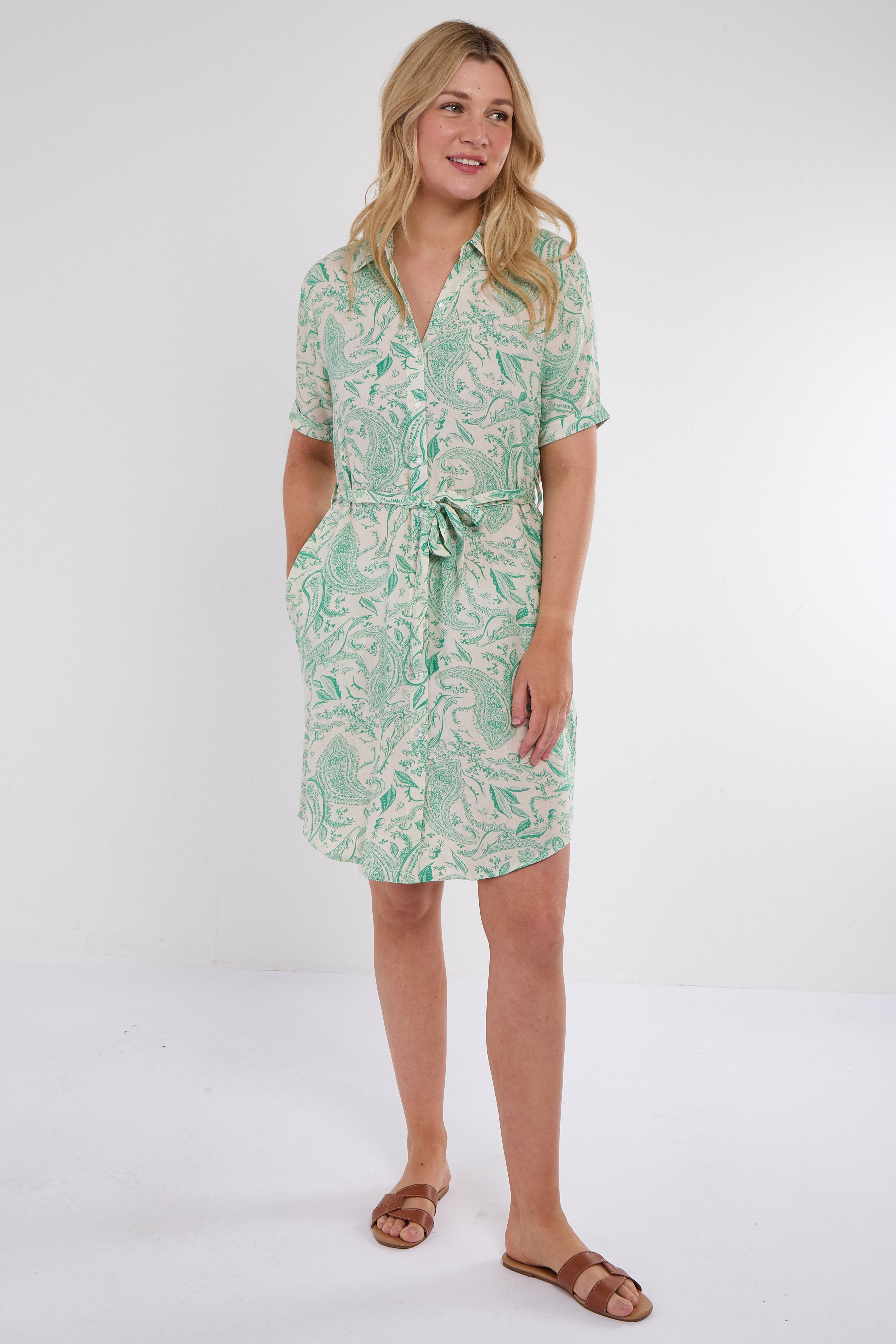 6Pcs Green Paisley Print Short Sleeve Mini Shirt Dress