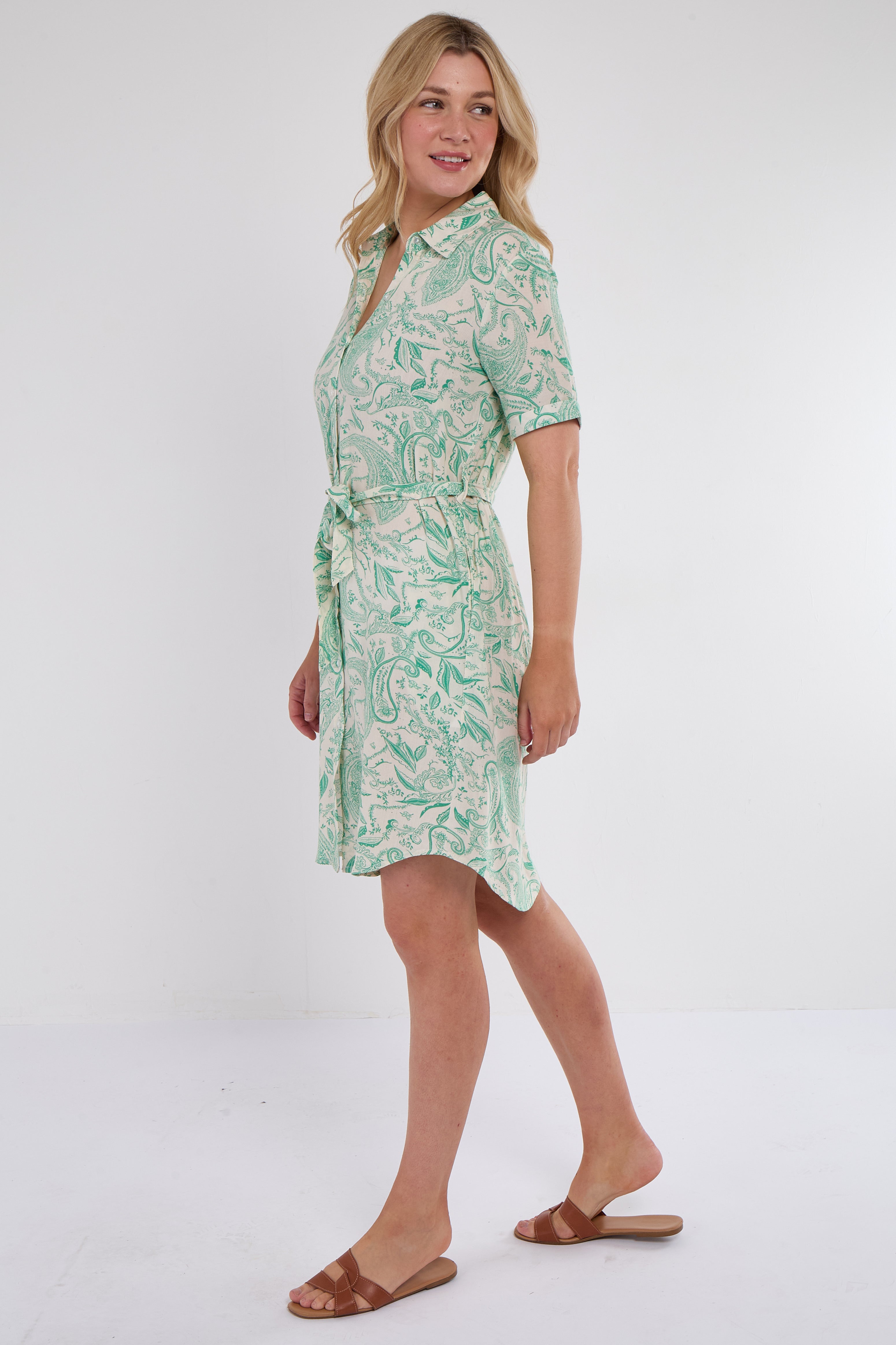6Pcs Green Paisley Print Short Sleeve Mini Shirt Dress