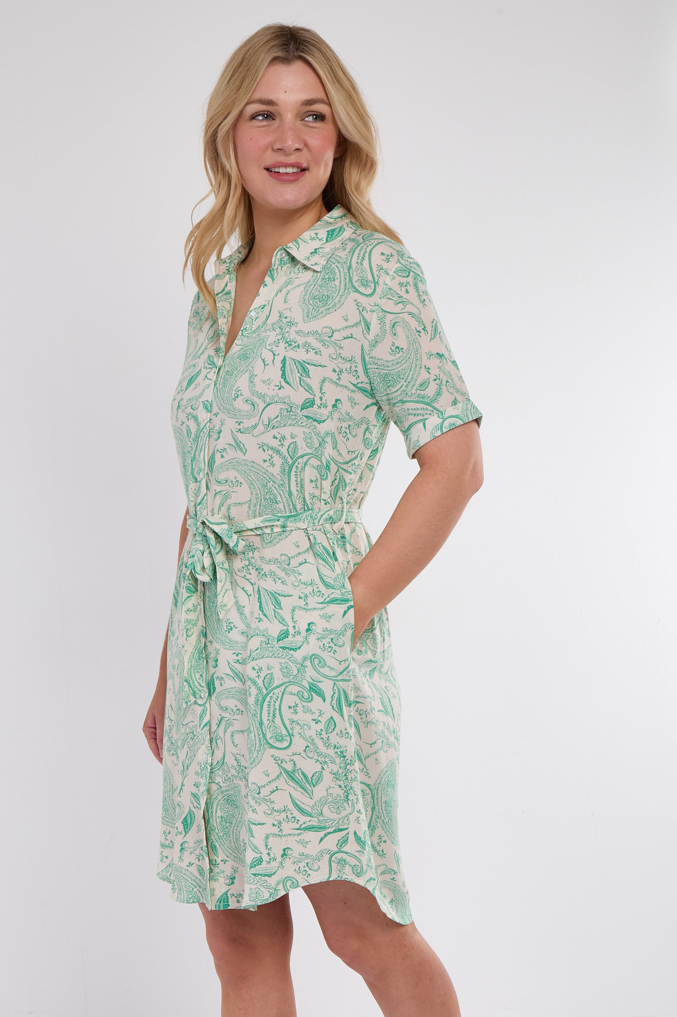 6Pcs Green Paisley Print Short Sleeve Mini Shirt Dress