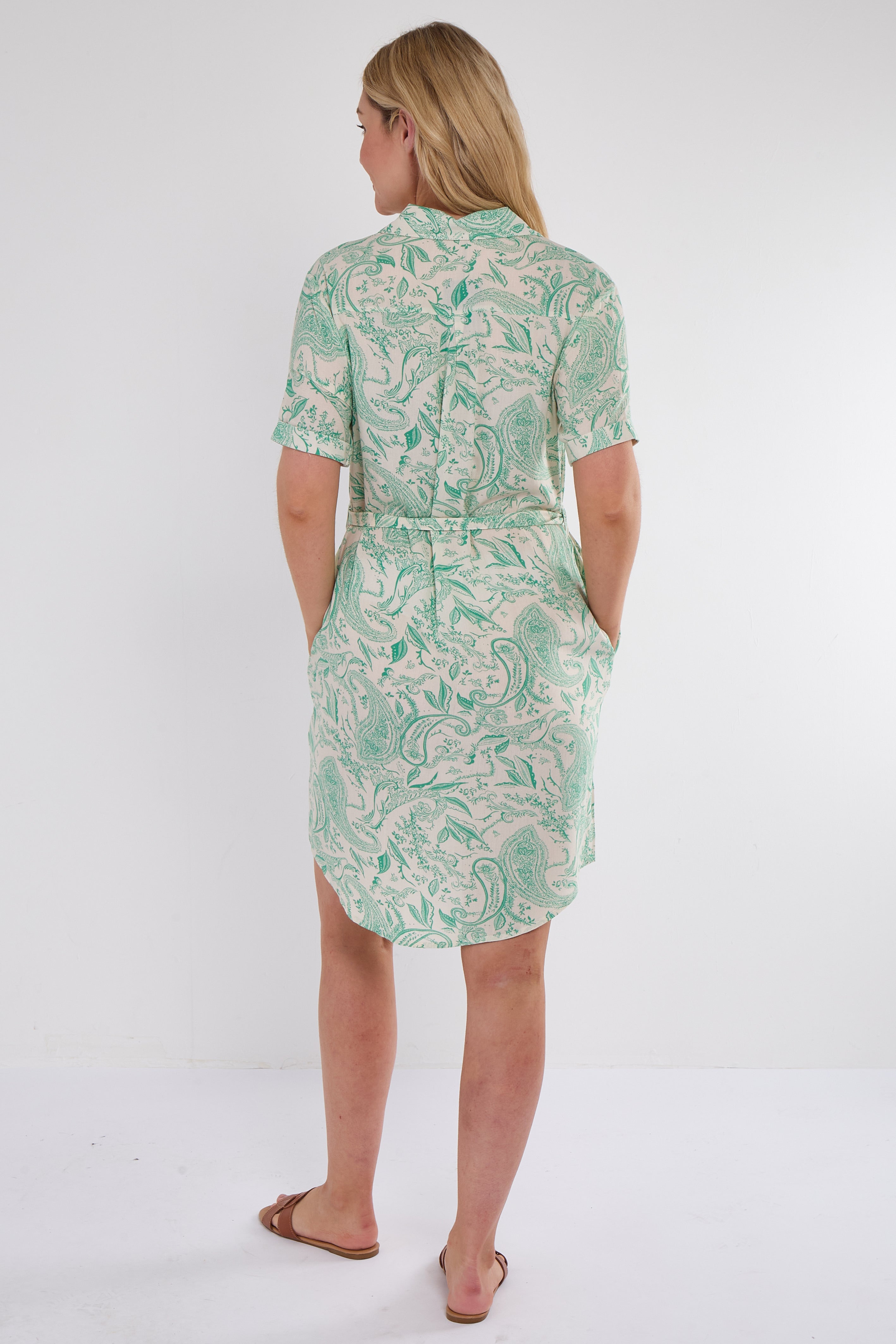 6Pcs Green Paisley Print Short Sleeve Mini Shirt Dress