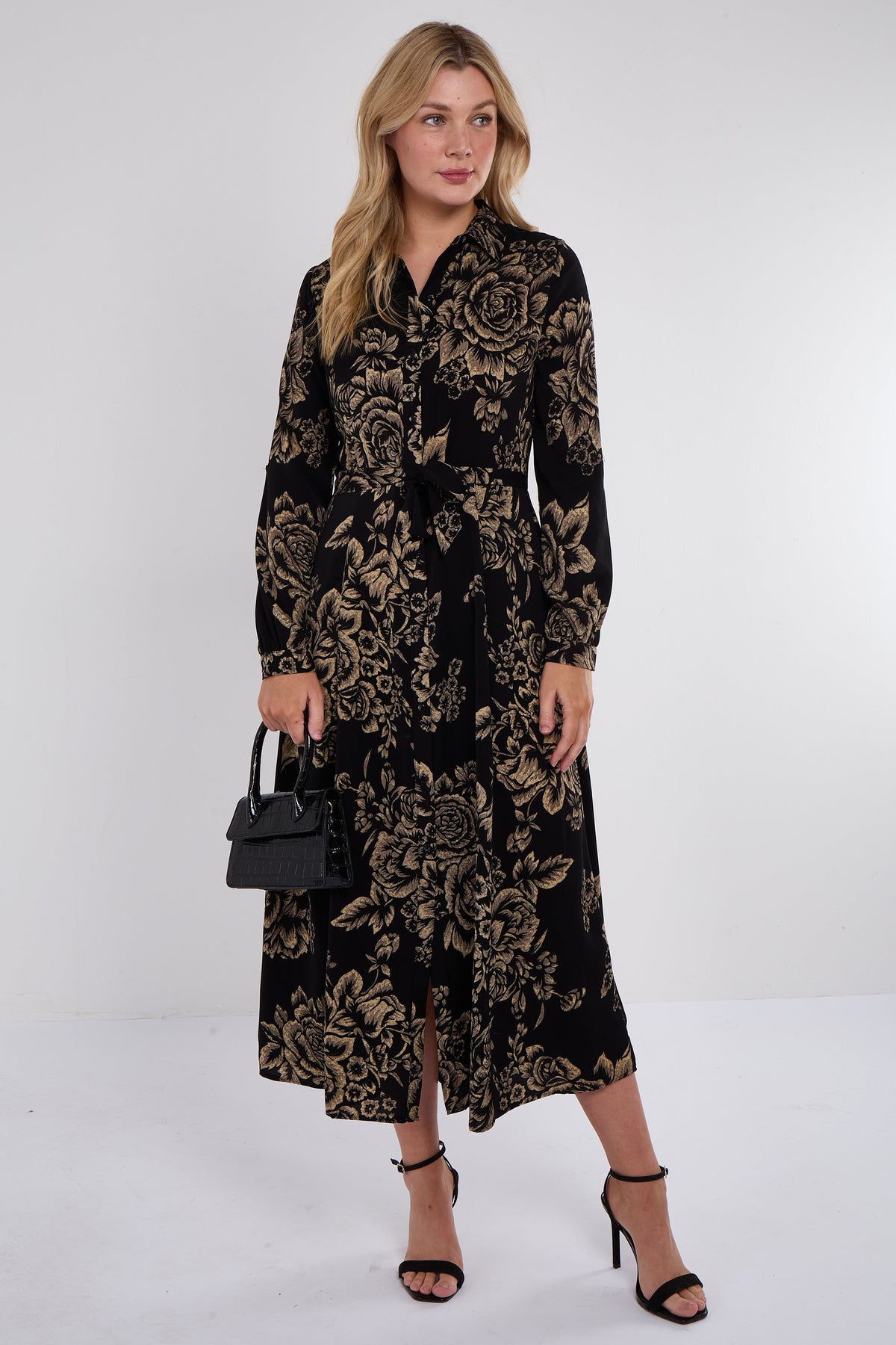 8Pcs Black and Gold Vintage Rose Print Maxi Shirt Dress