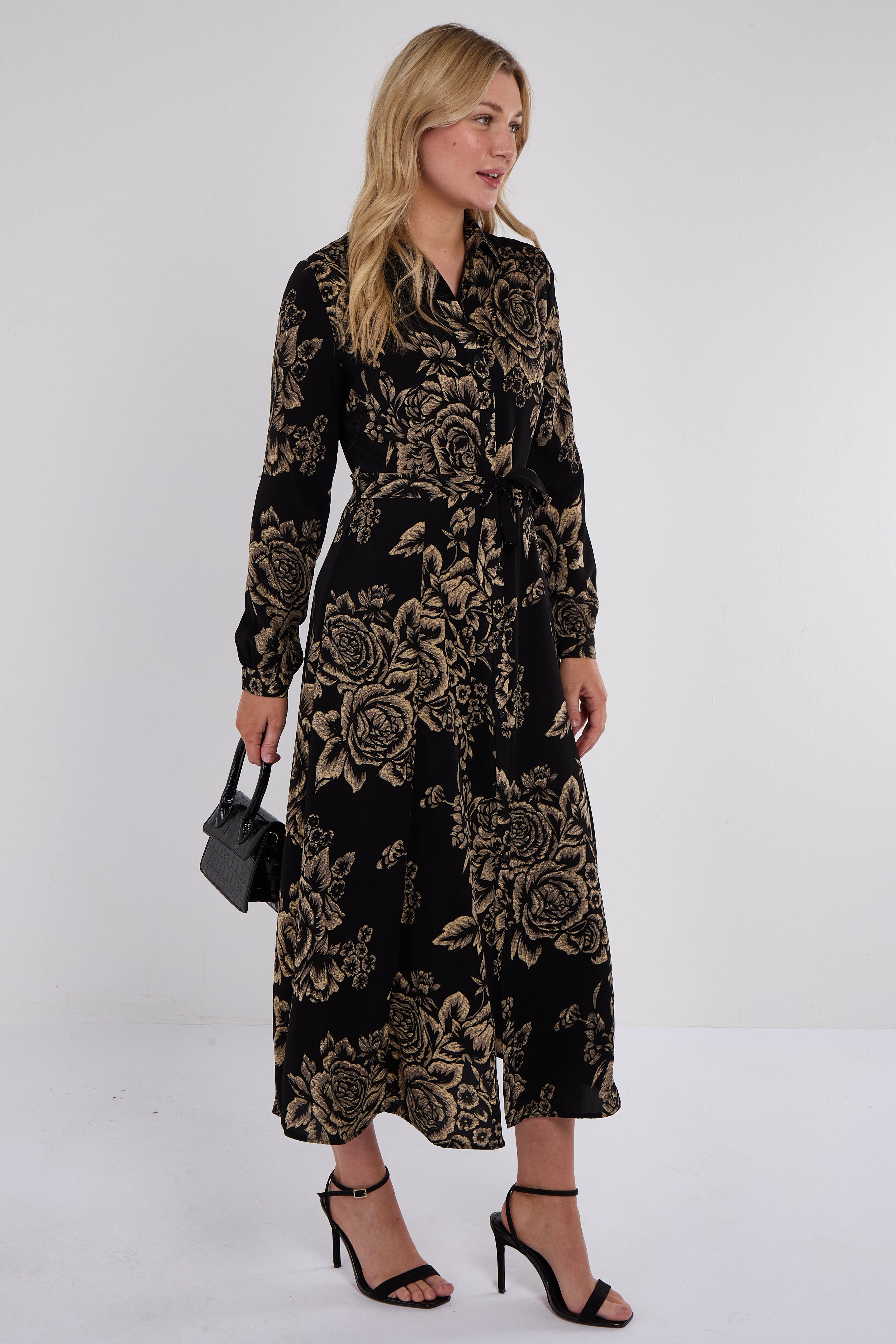 8Pcs Black and Gold Vintage Rose Print Maxi Shirt Dress