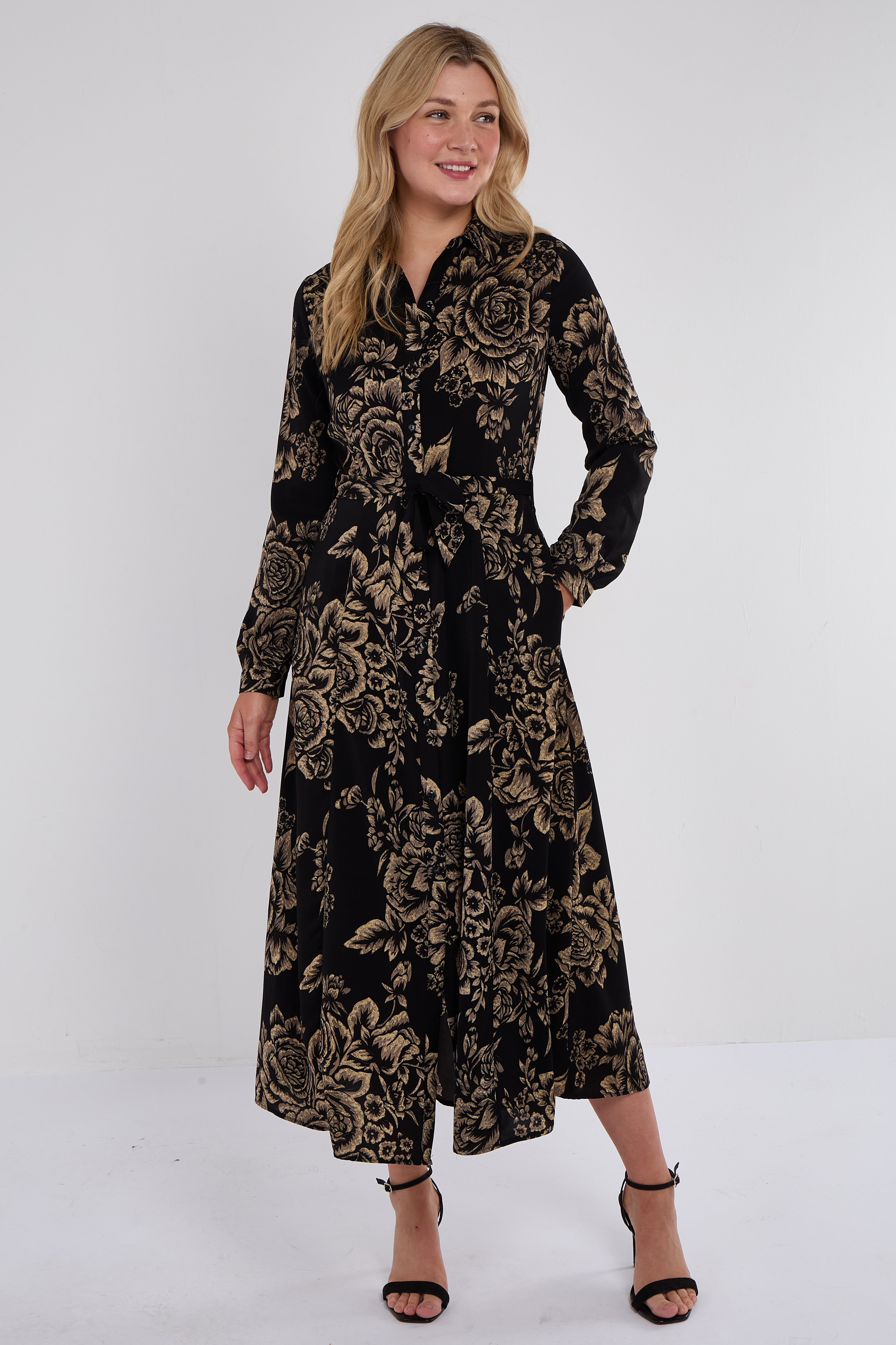 8Pcs Black and Gold Vintage Rose Print Maxi Shirt Dress