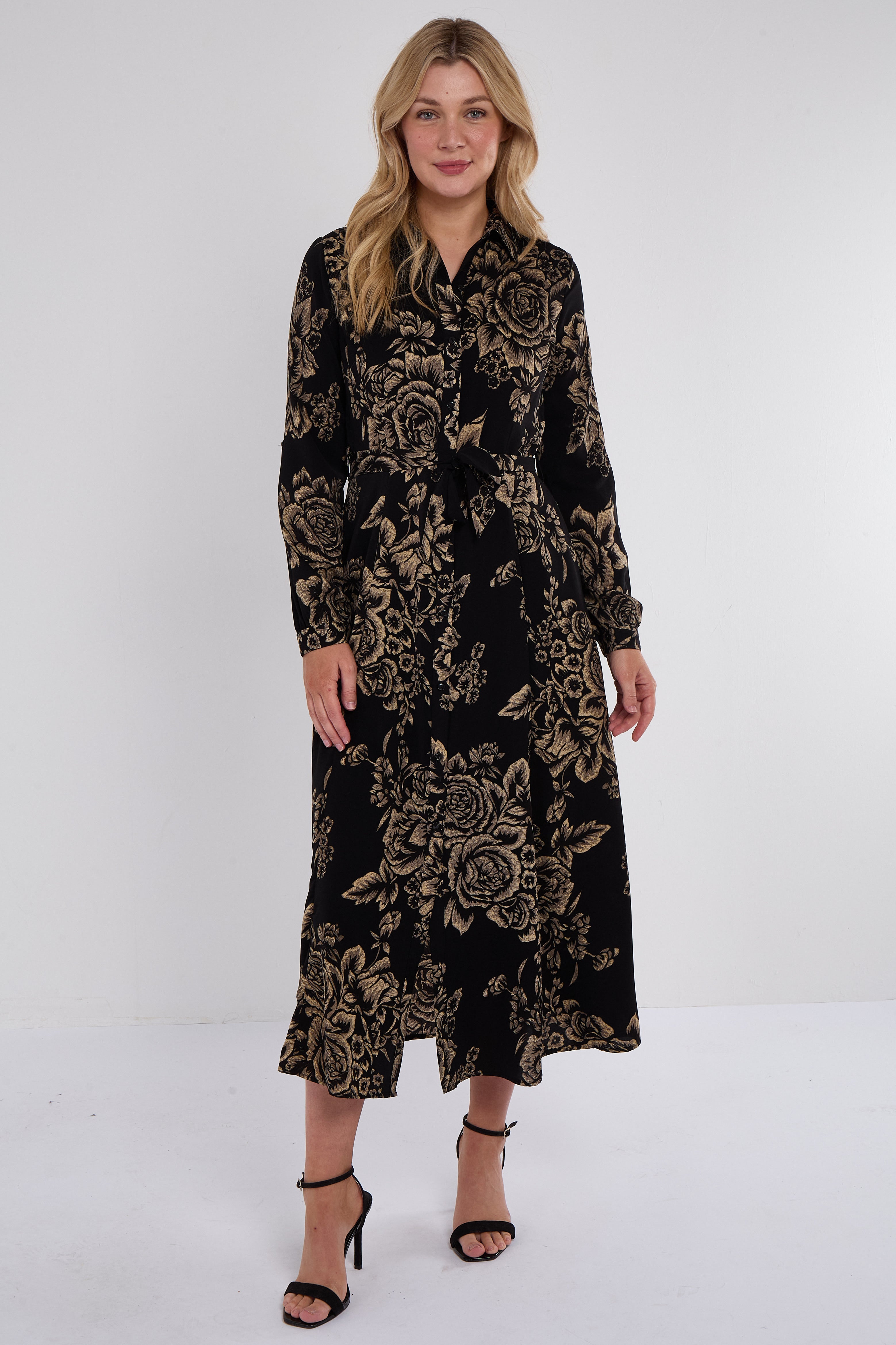 8Pcs Black and Gold Vintage Rose Print Maxi Shirt Dress