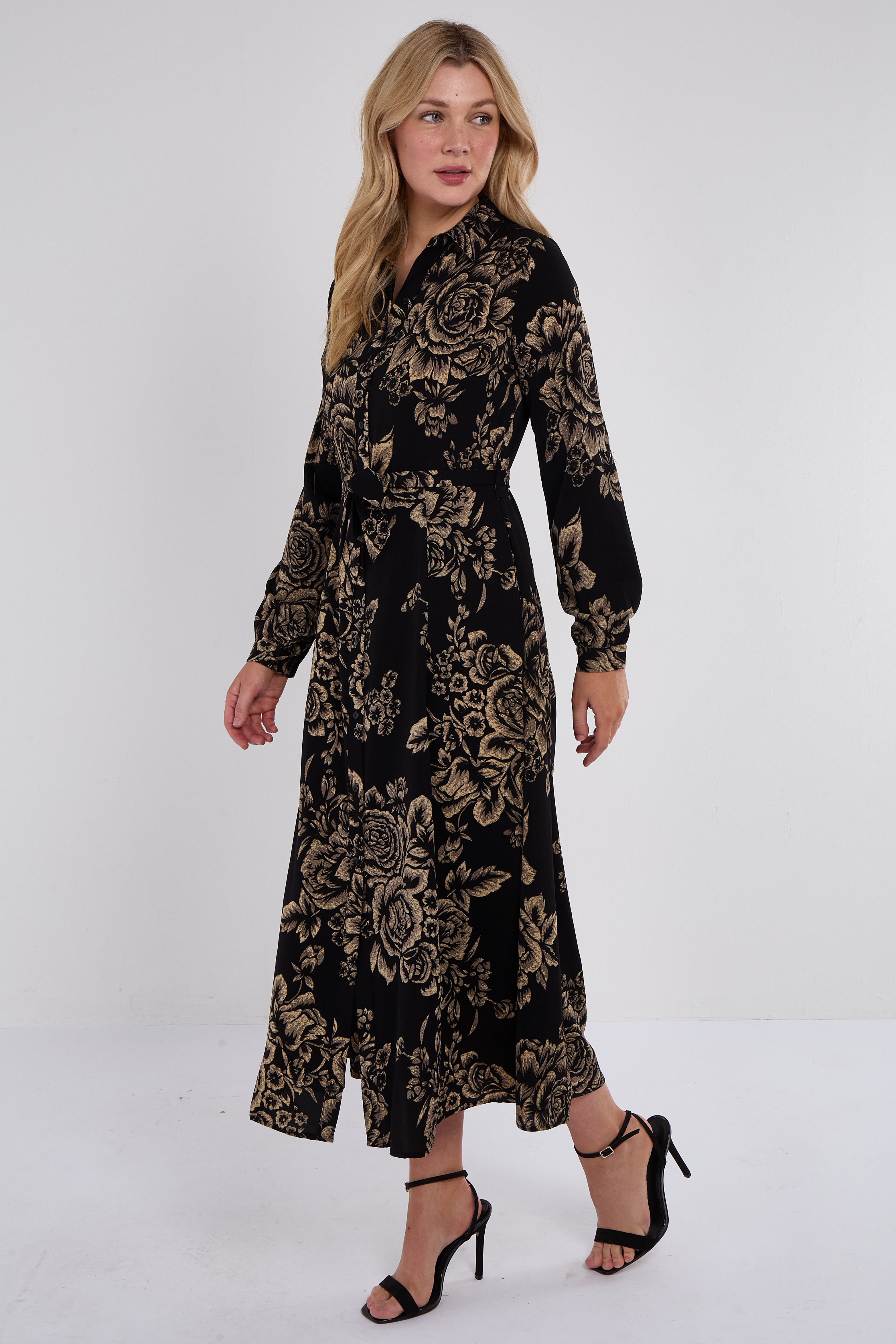 8Pcs Black and Gold Vintage Rose Print Maxi Shirt Dress