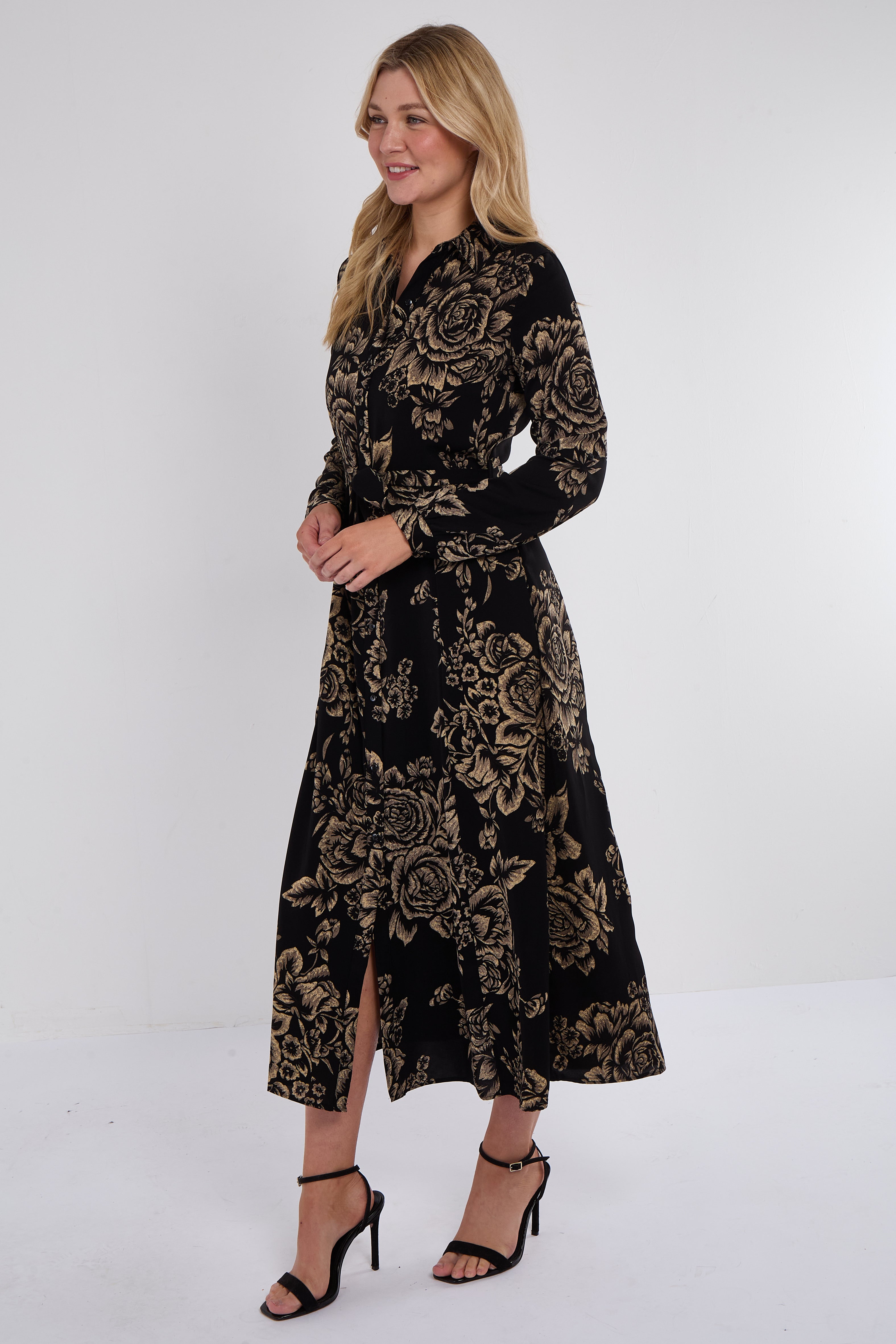 8Pcs Black and Gold Vintage Rose Print Maxi Shirt Dress