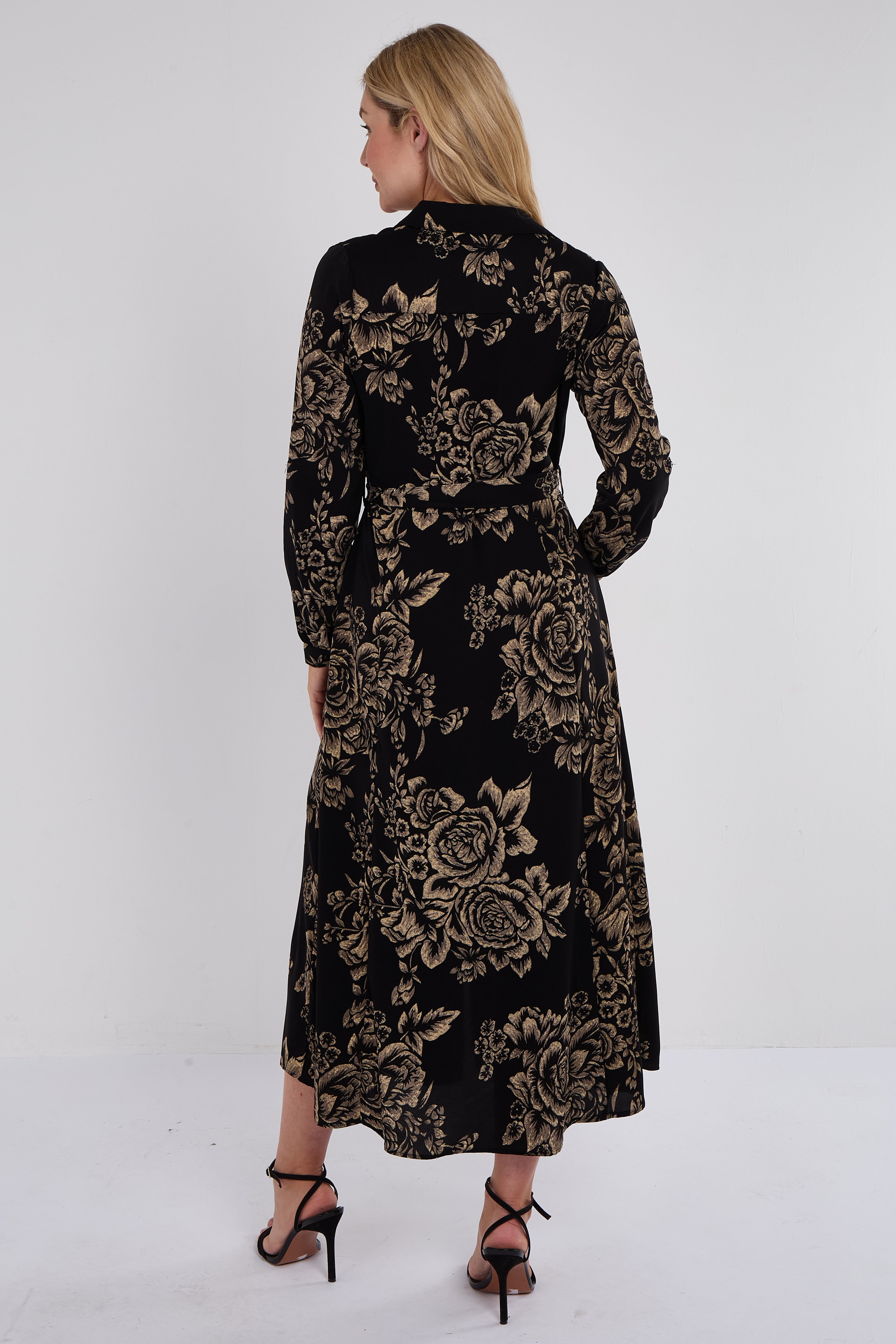 8Pcs Black and Gold Vintage Rose Print Maxi Shirt Dress