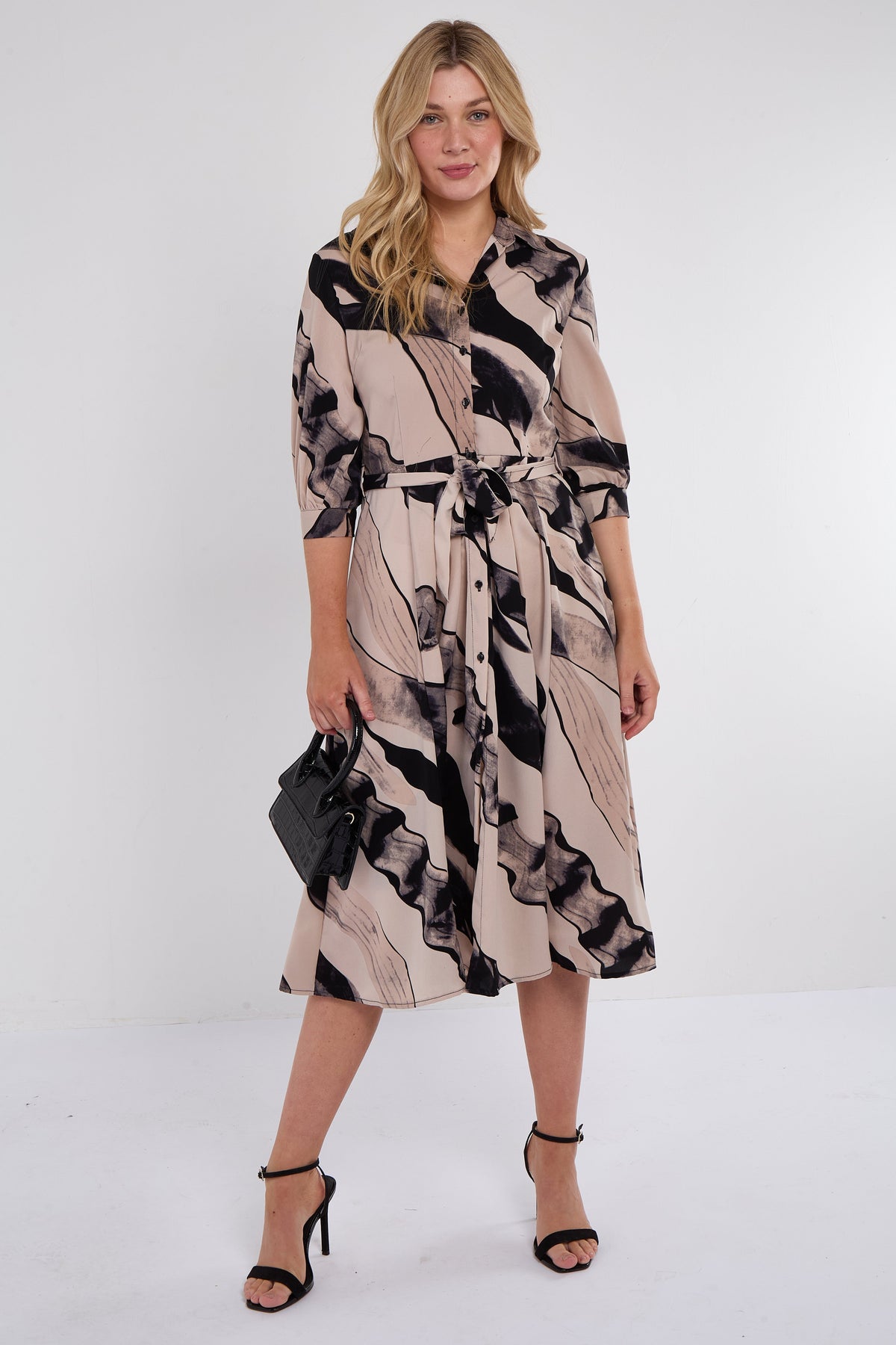 8Pcs Beige Abstract Print Half Sleeve Black Midi Shirt Dress