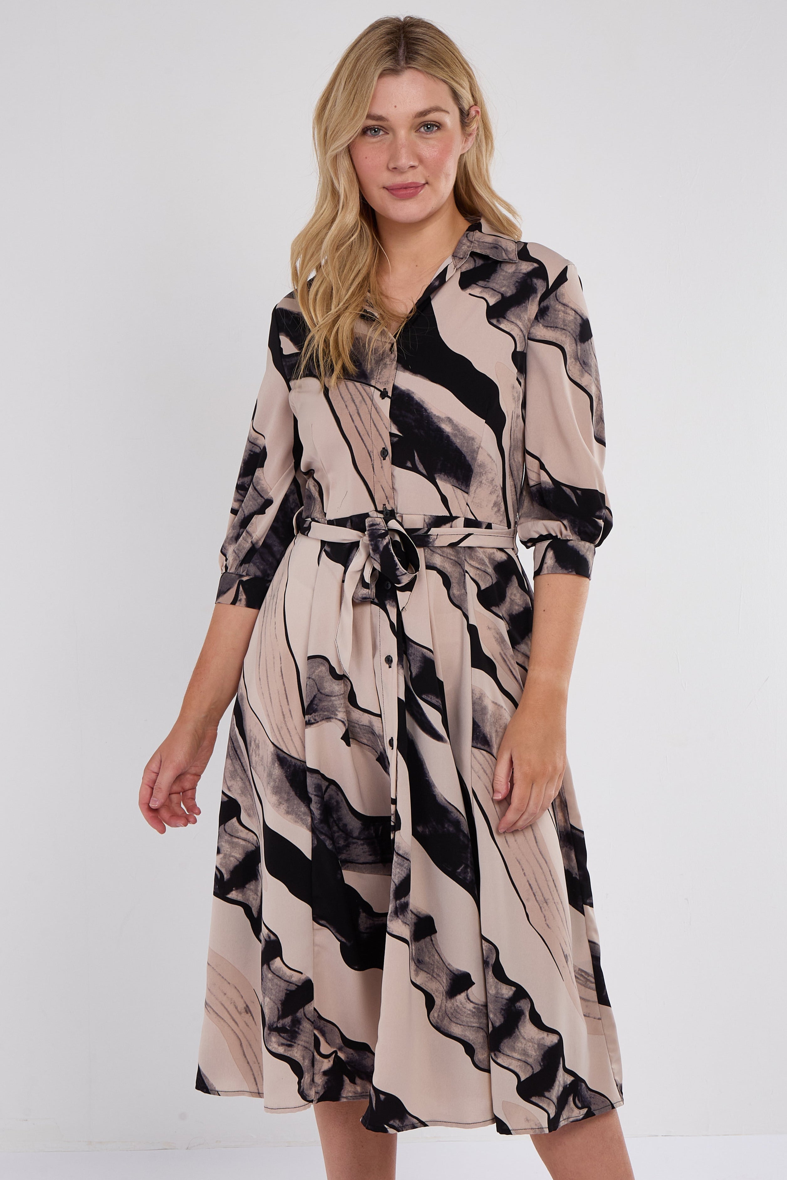 8Pcs Beige Abstract Print Half Sleeve Black Midi Shirt Dress
