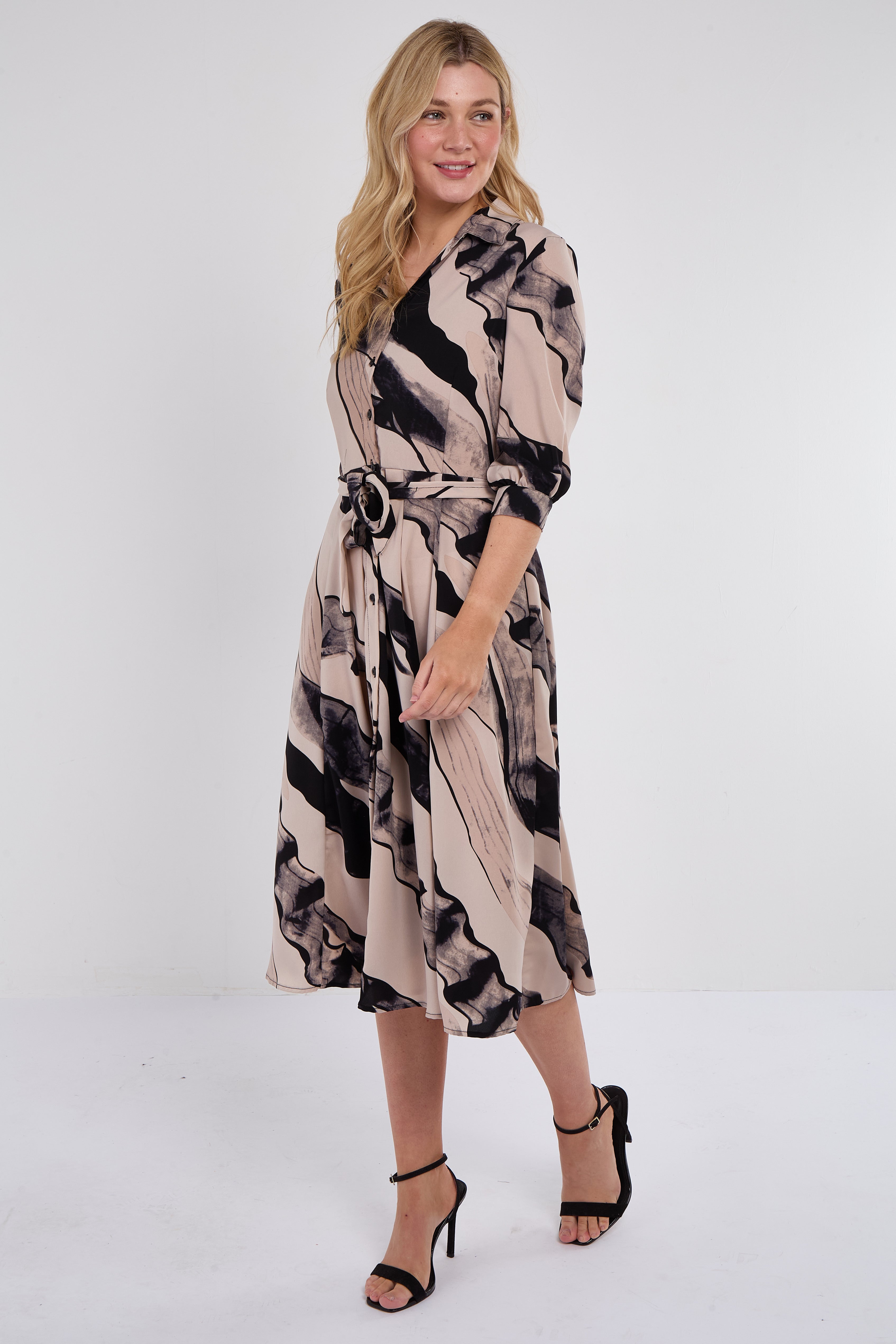 8Pcs Beige Abstract Print Half Sleeve Black Midi Shirt Dress