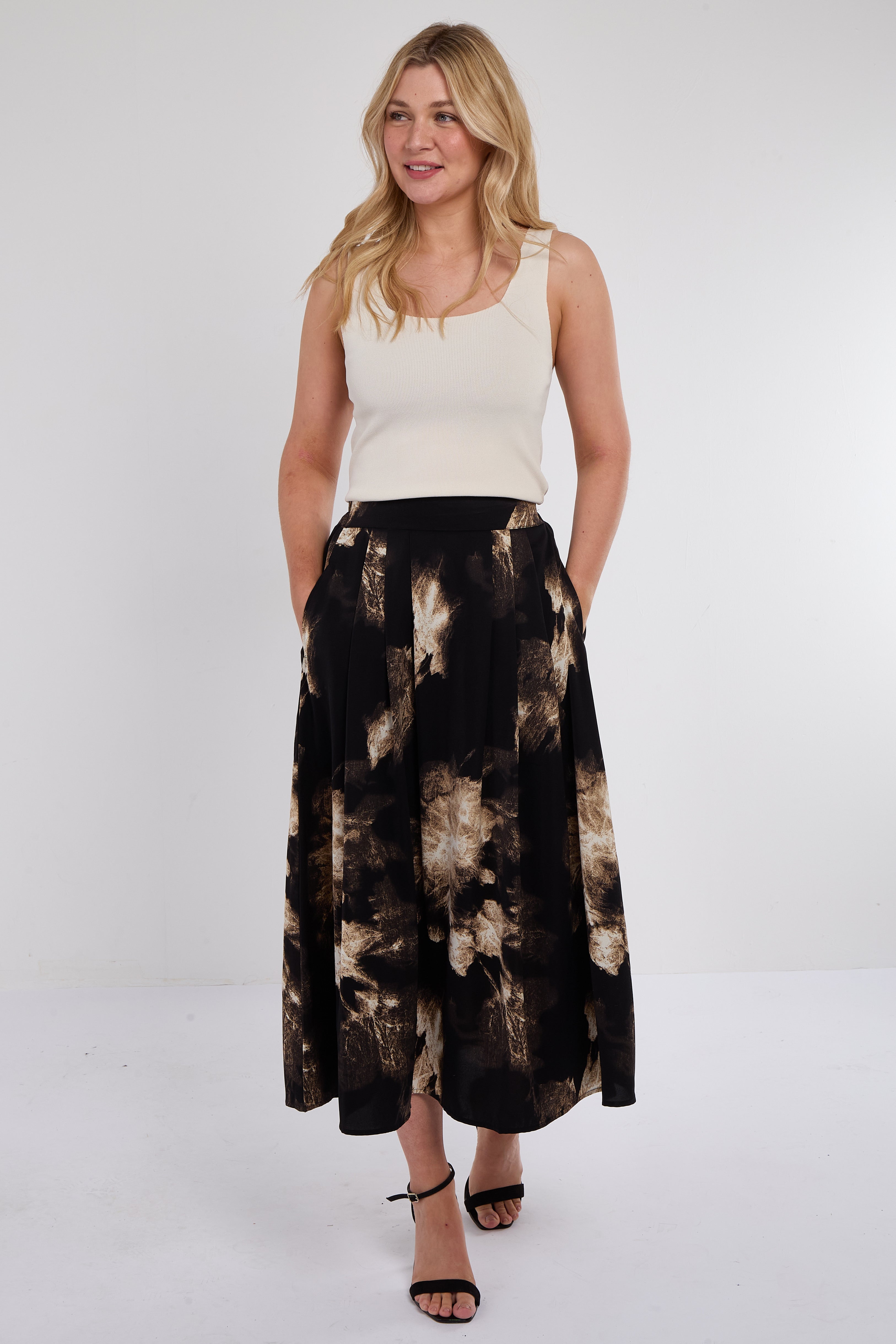 7Pcs Black Brushstroke Print Midi Skirt