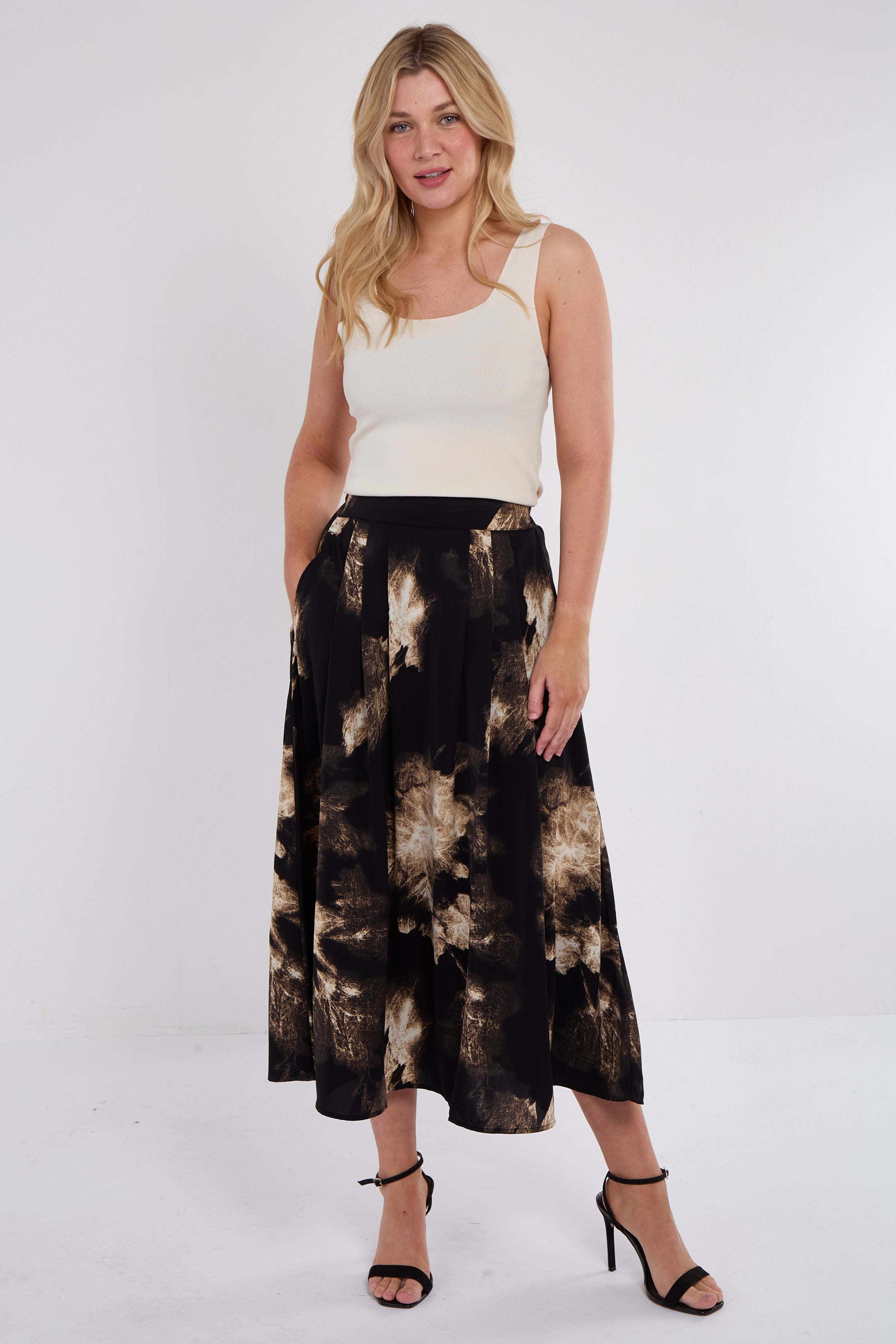 7Pcs Black Brushstroke Print Midi Skirt