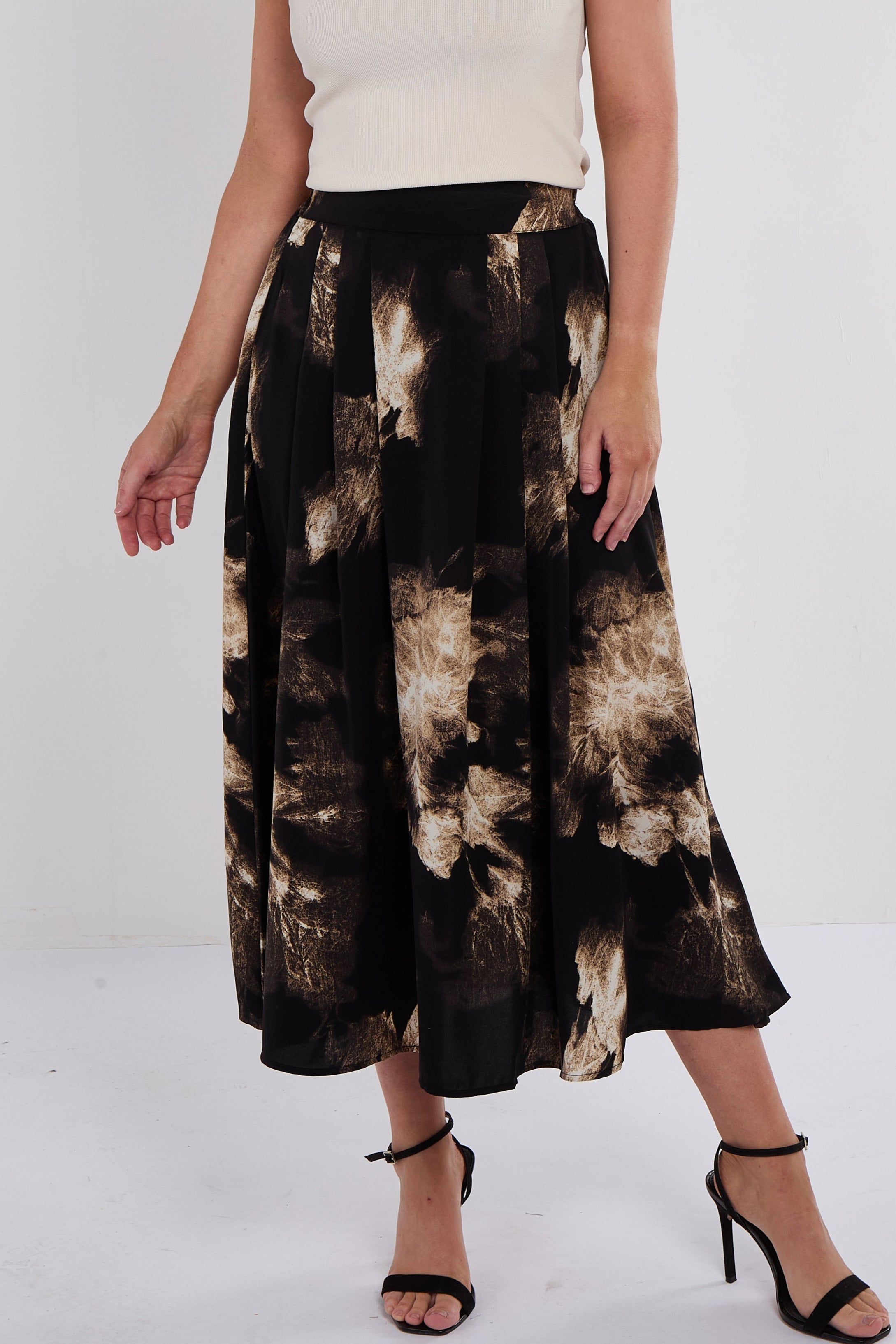 7Pcs Black Brushstroke Print Midi Skirt
