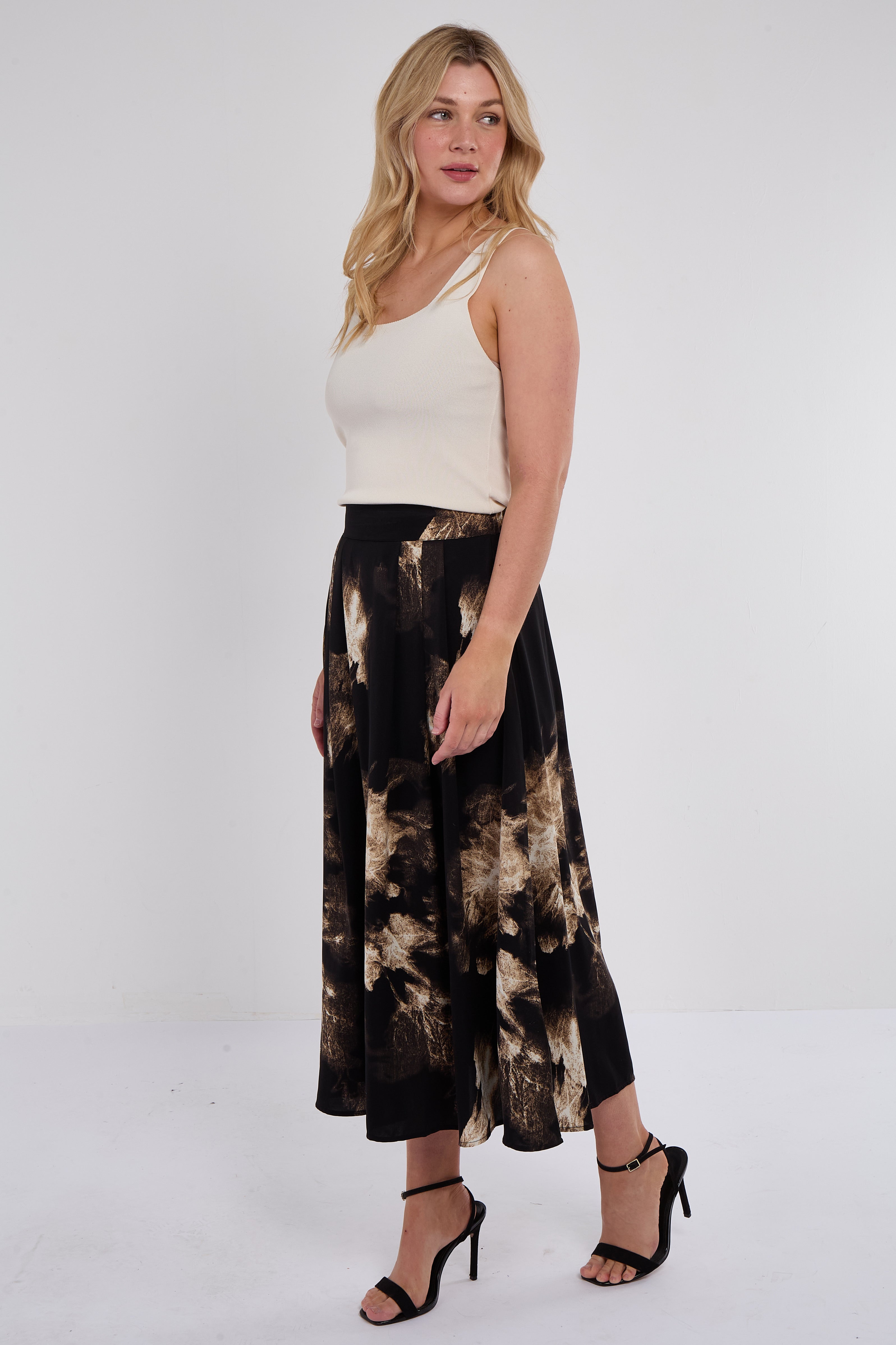 7Pcs Black Brushstroke Print Midi Skirt
