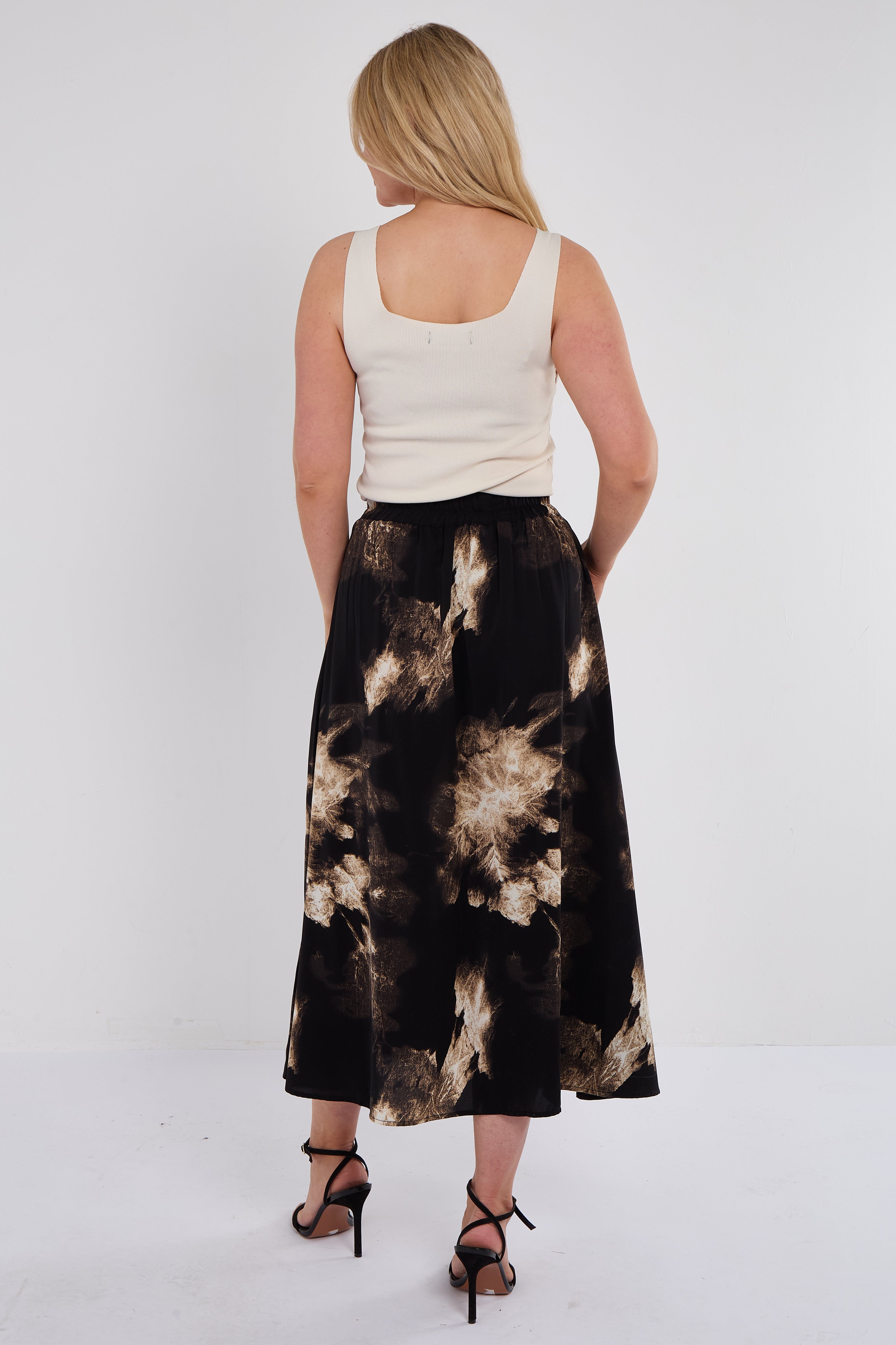 7Pcs Black Brushstroke Print Midi Skirt
