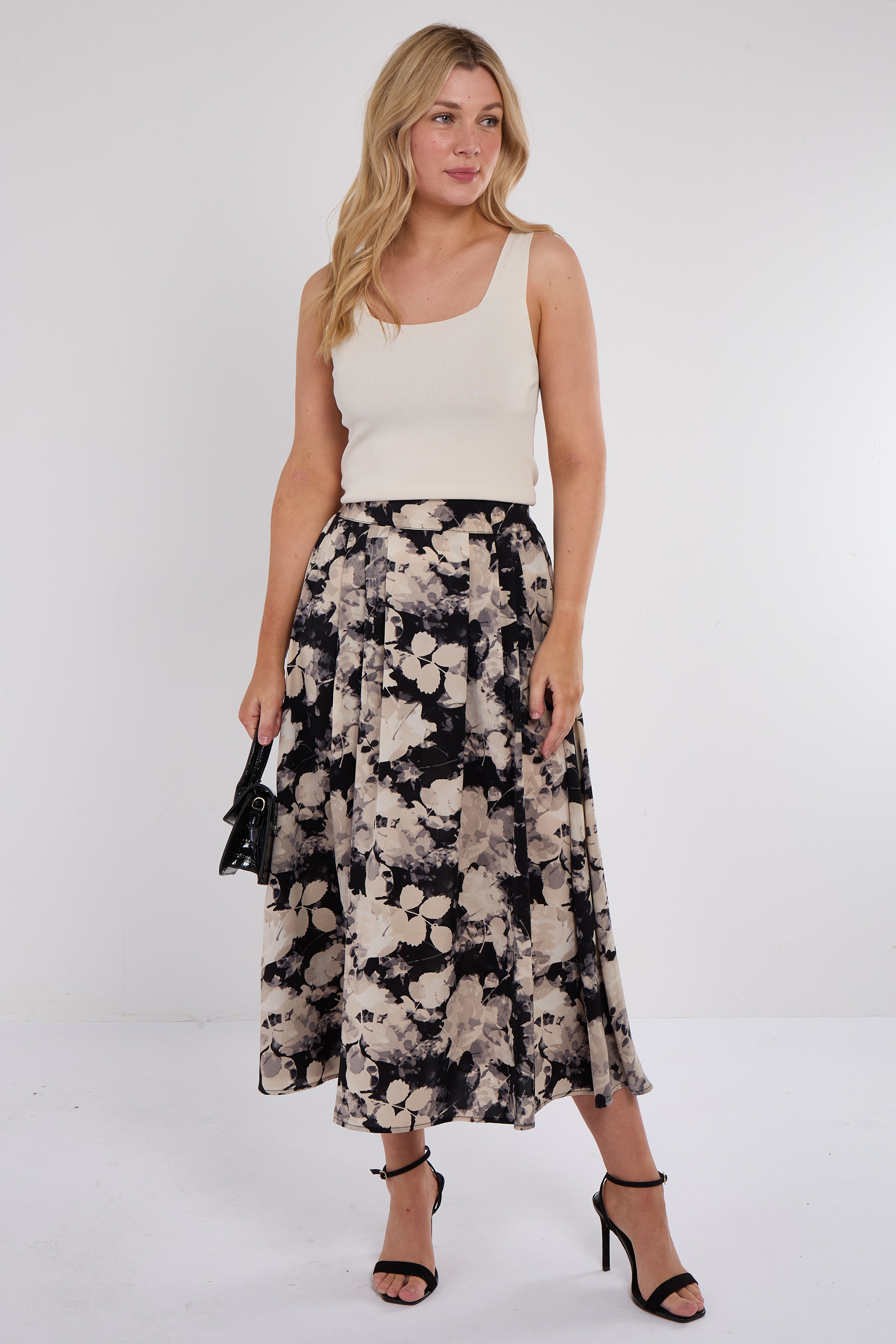 7Pcs Black Floral Print Pleated Midi Skirt