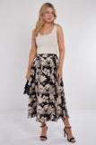 7Pcs Black Floral Print Pleated Midi Skirt