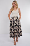7Pcs Black Floral Print Pleated Midi Skirt