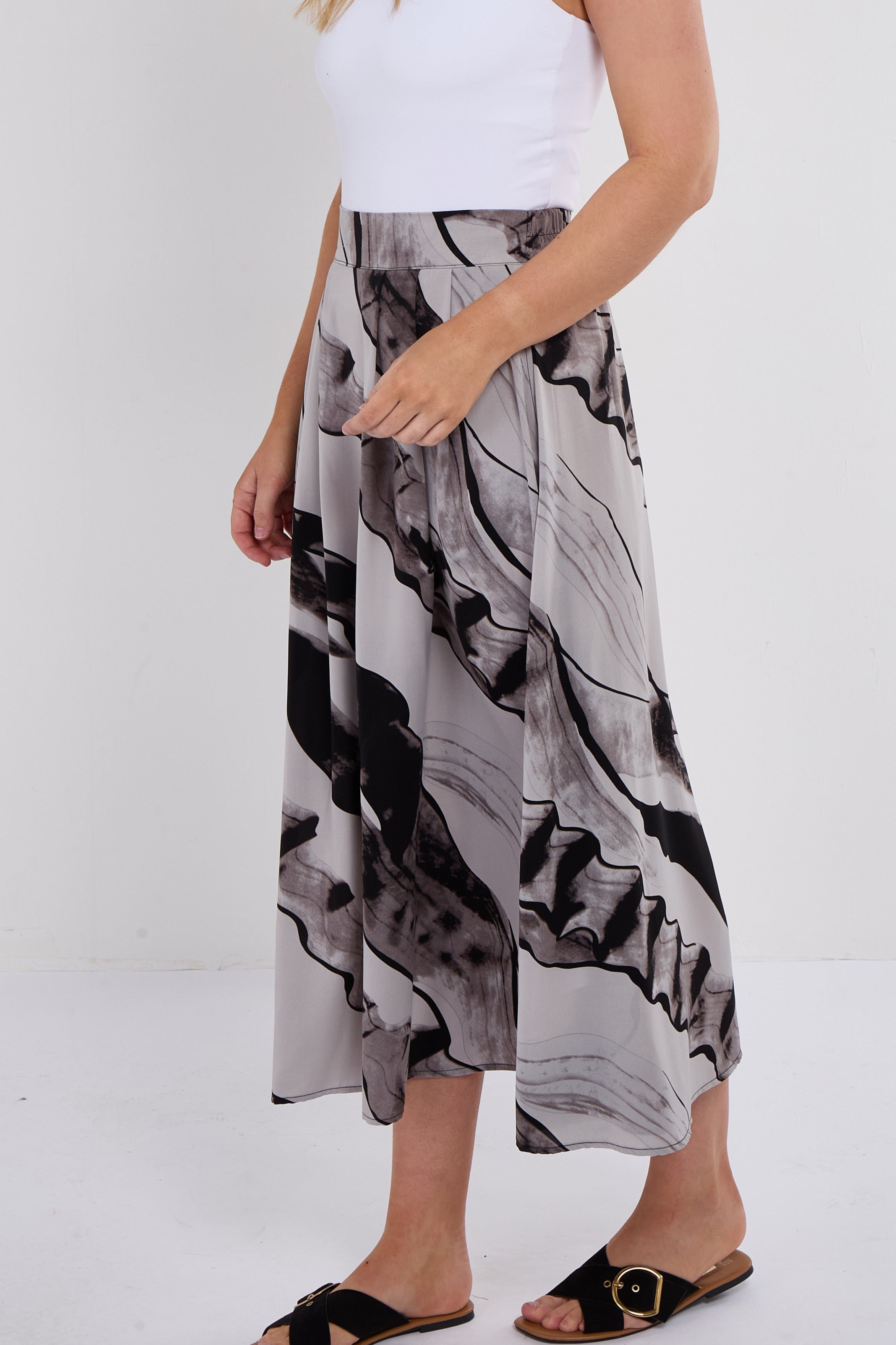 7Pcs Grey Abstract Print Pleated Maxi Skirt