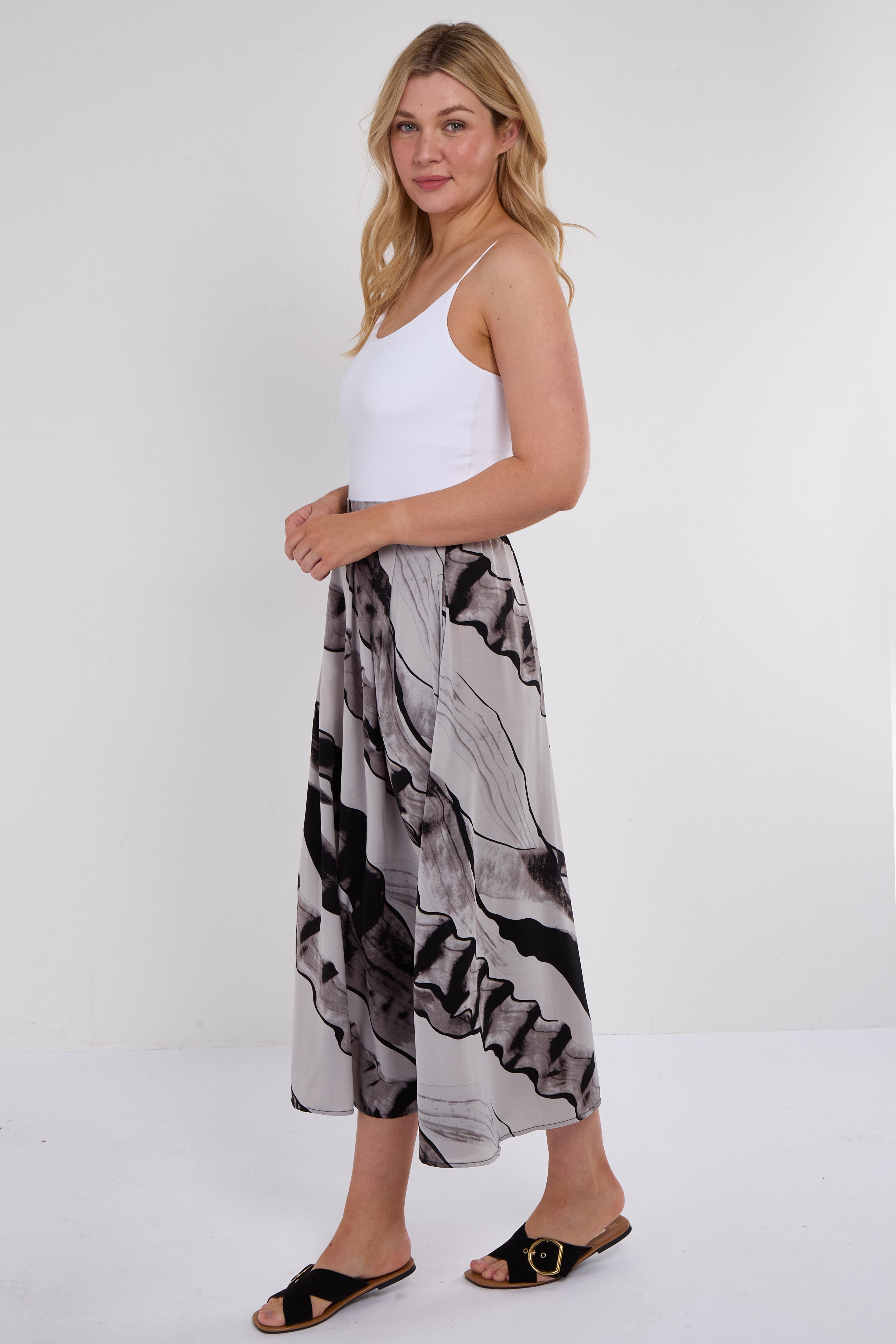 7Pcs Grey Abstract Print Pleated Maxi Skirt