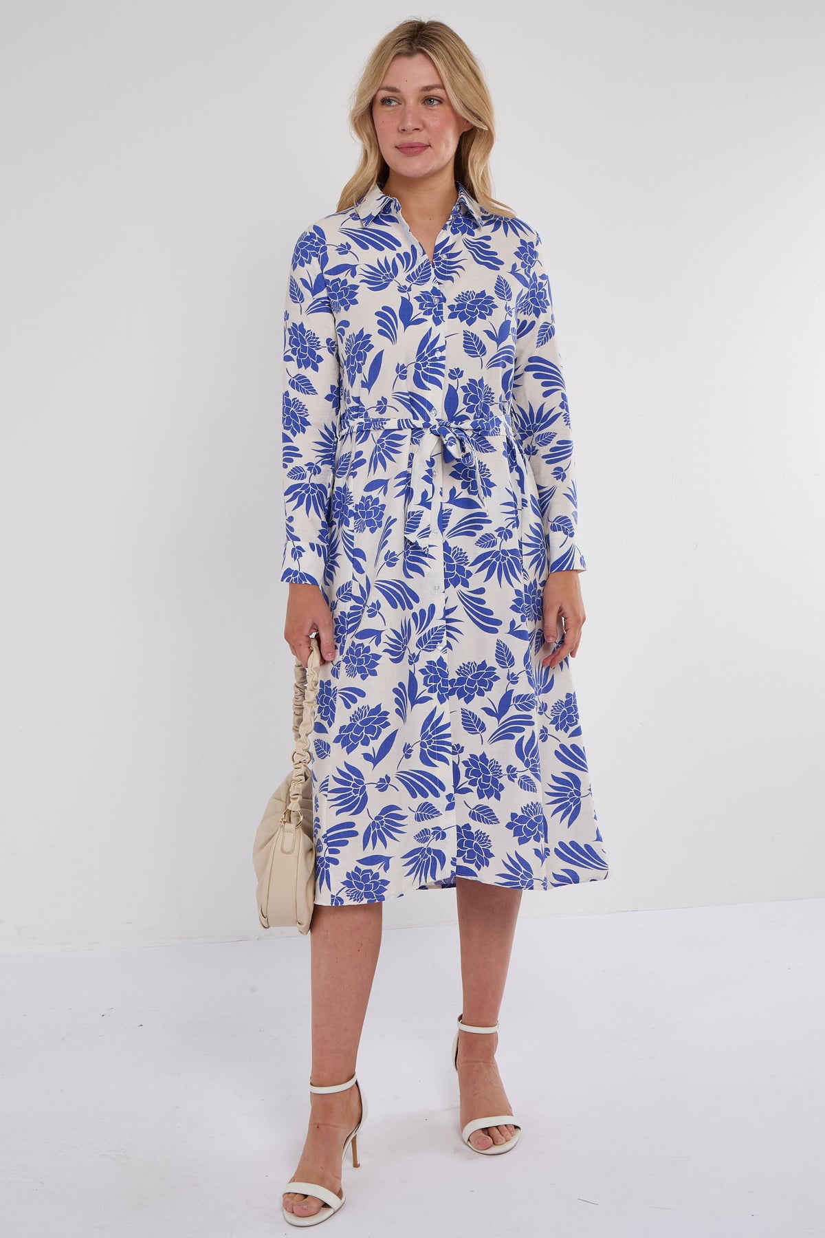 8Pcs Cobalt Botanical Print Midi Shirt Dress