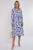 8Pcs Cobalt Botanical Print Midi Shirt Dress