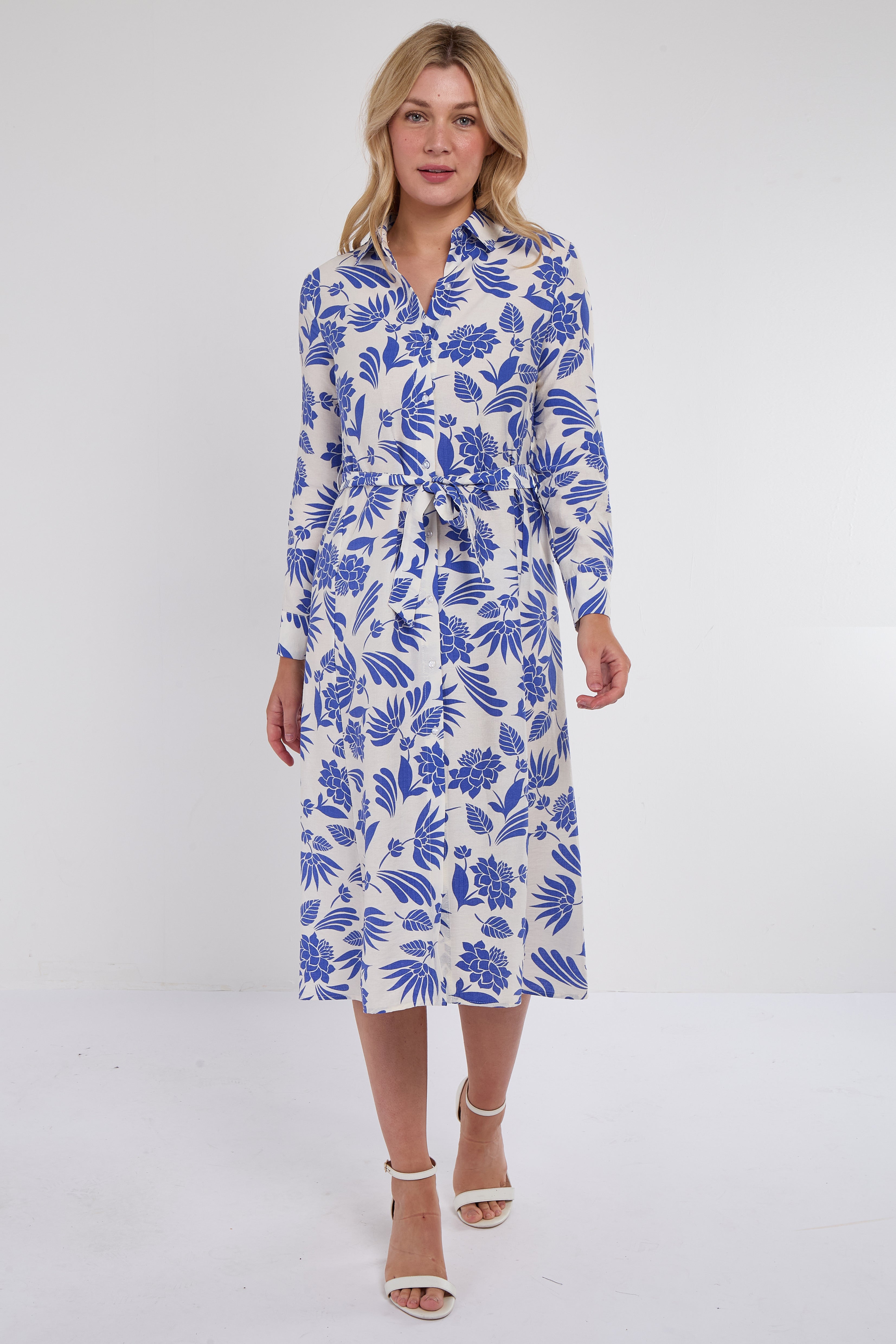 8Pcs Cobalt Botanical Print Midi Shirt Dress
