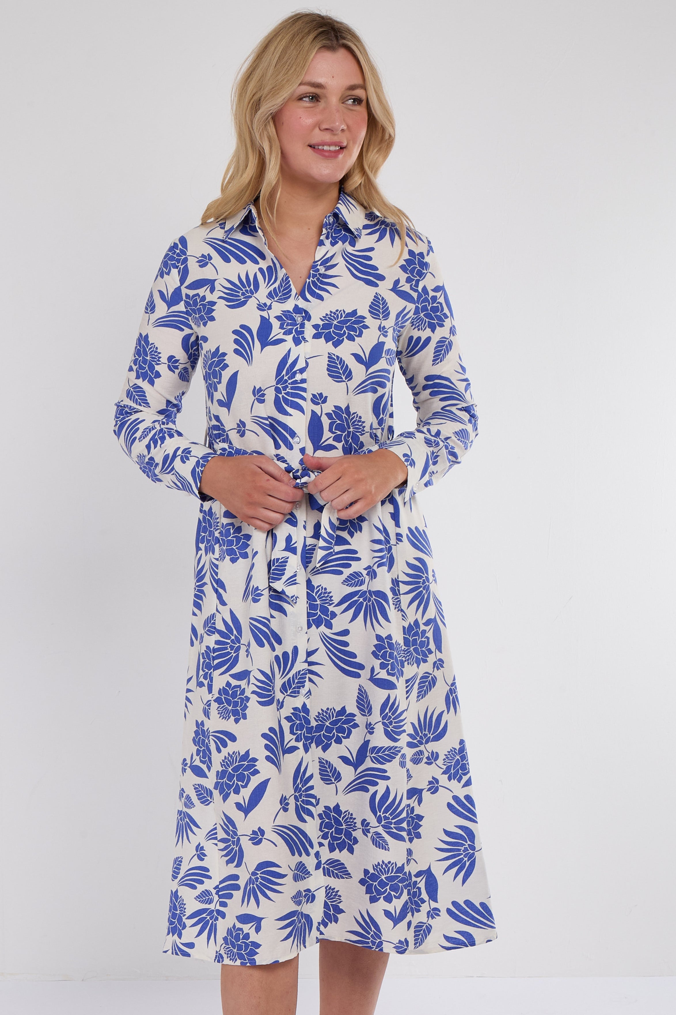 8Pcs Cobalt Botanical Print Midi Shirt Dress