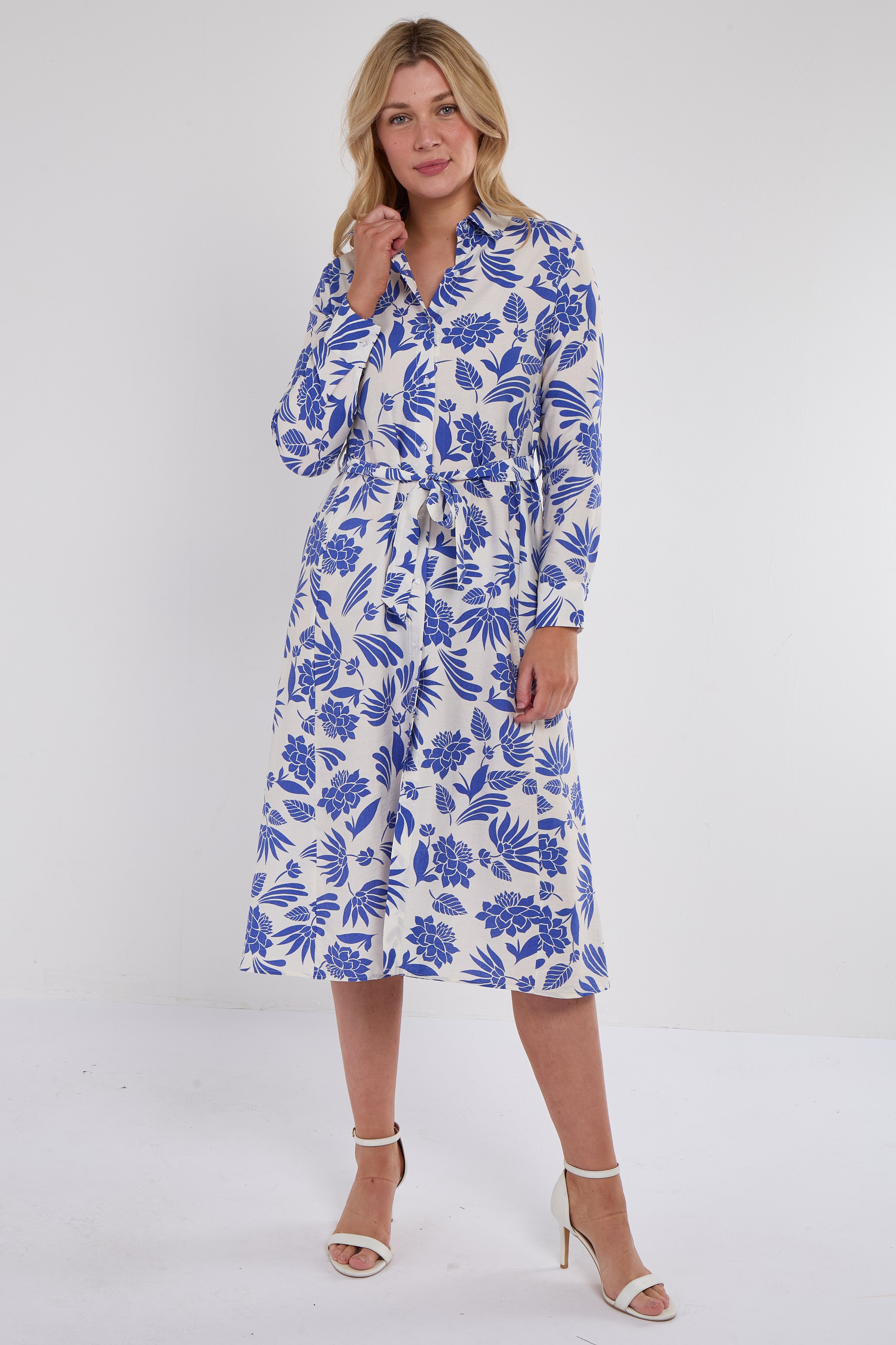 8Pcs Cobalt Botanical Print Midi Shirt Dress
