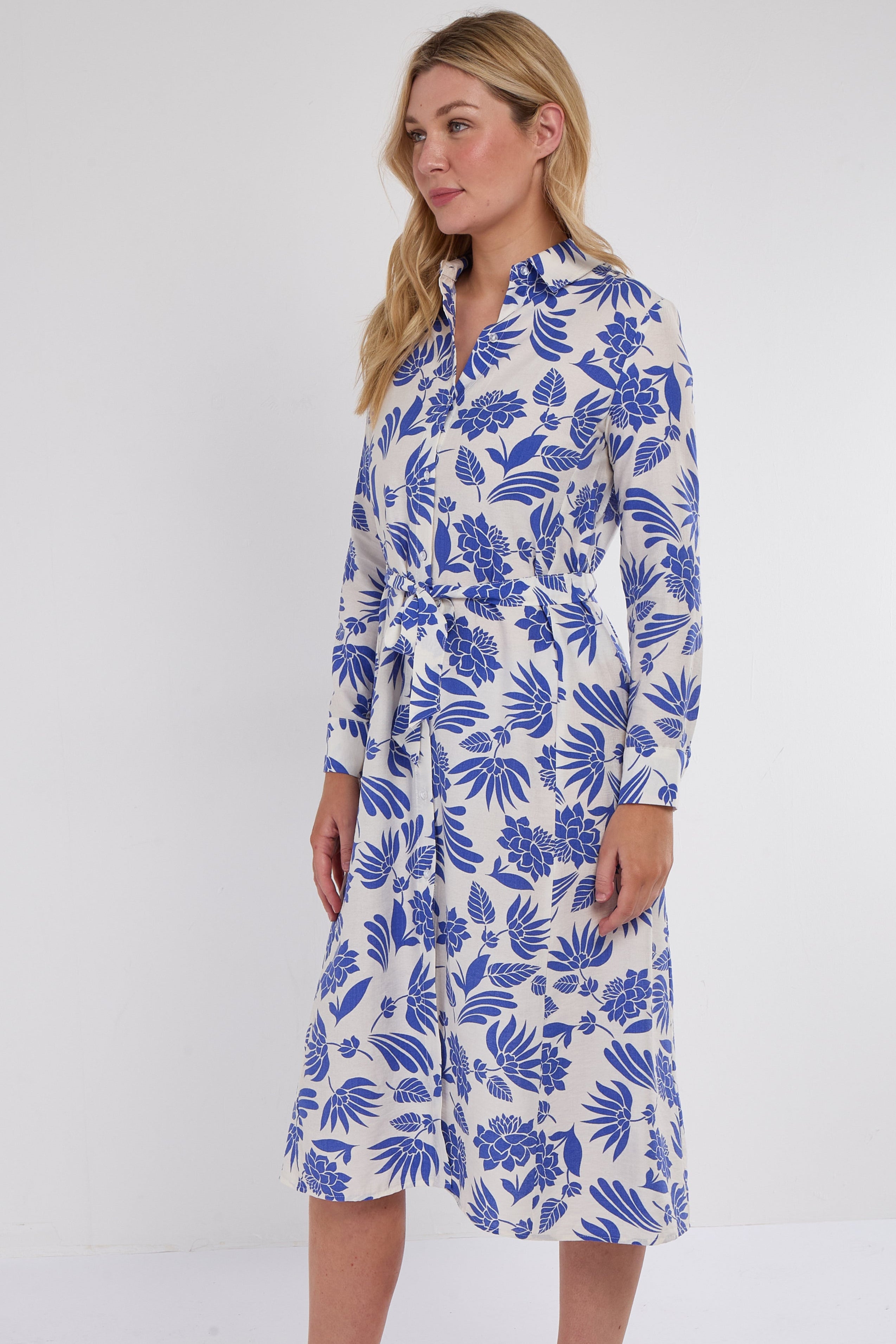 8Pcs Cobalt Botanical Print Midi Shirt Dress