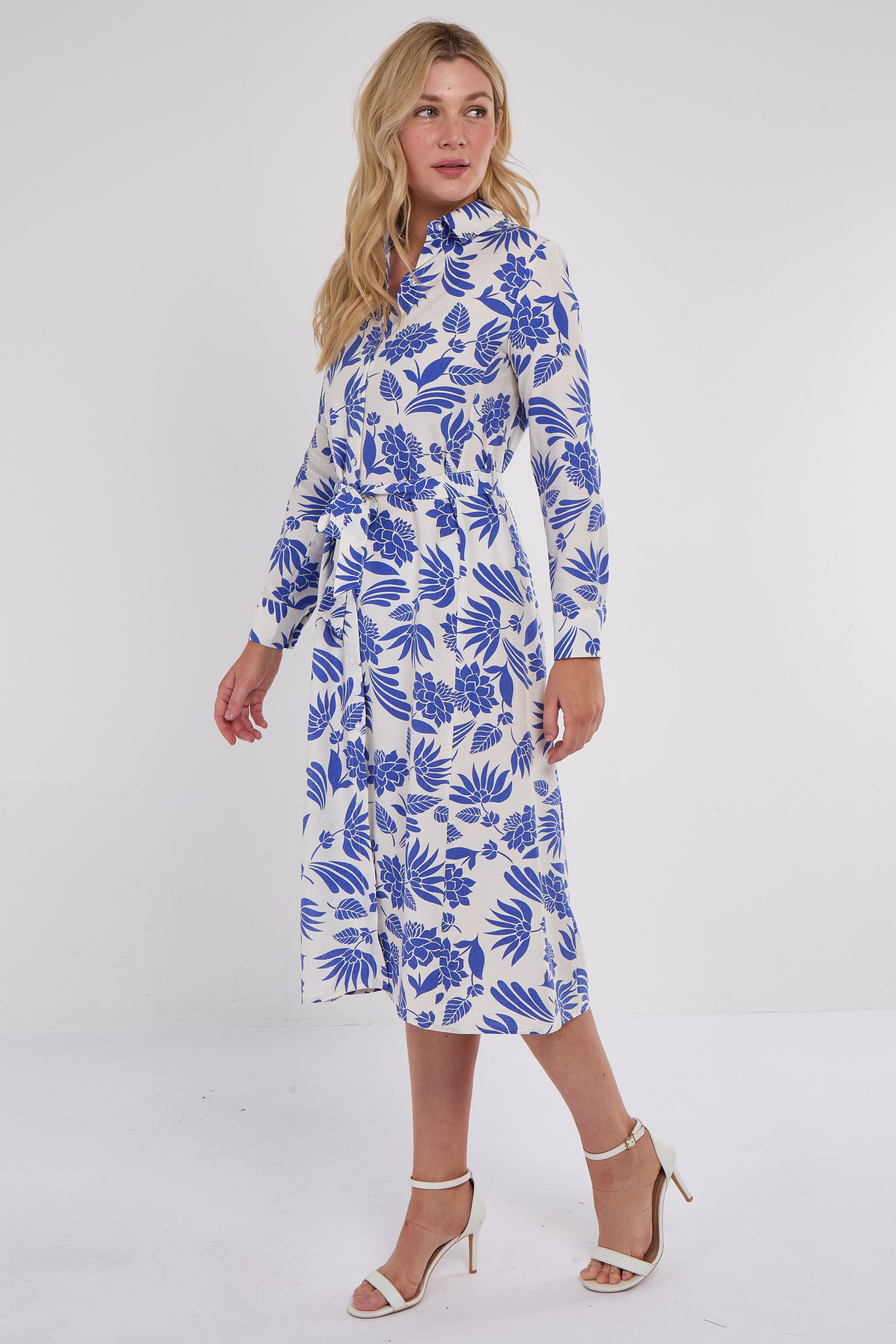 8Pcs Cobalt Botanical Print Midi Shirt Dress