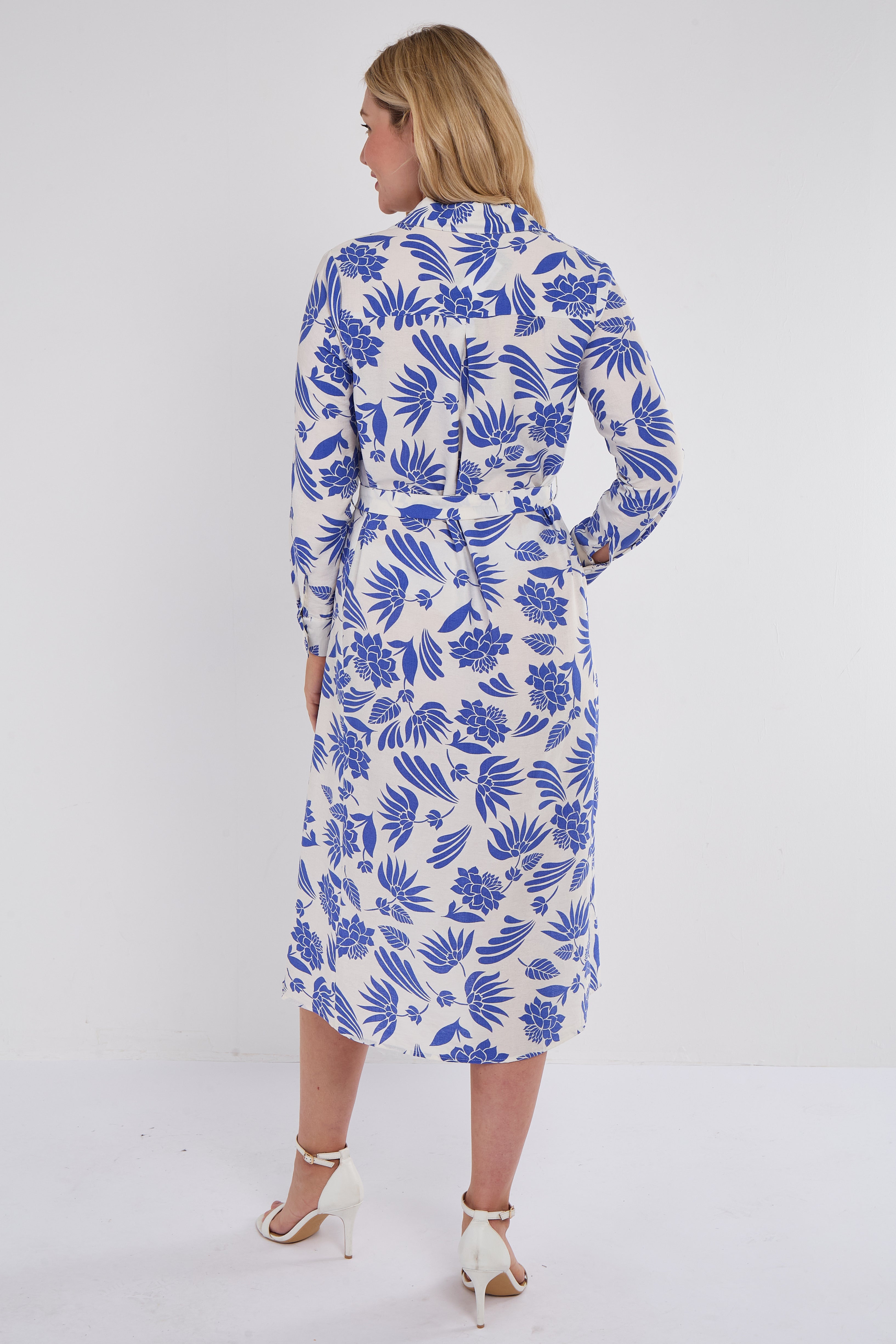 8Pcs Cobalt Botanical Print Midi Shirt Dress