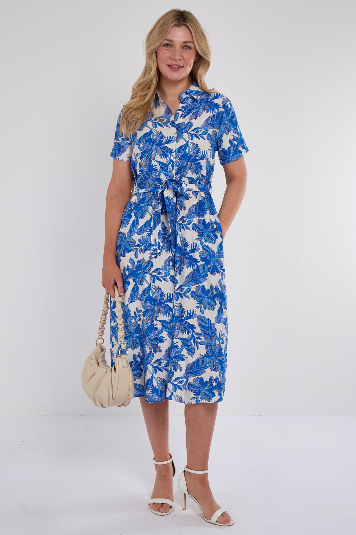 8Pcs Cobalt Floral Print Short Sleeve Midi Shirt Dress