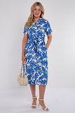 8Pcs Cobalt Floral Print Short Sleeve Midi Shirt Dress