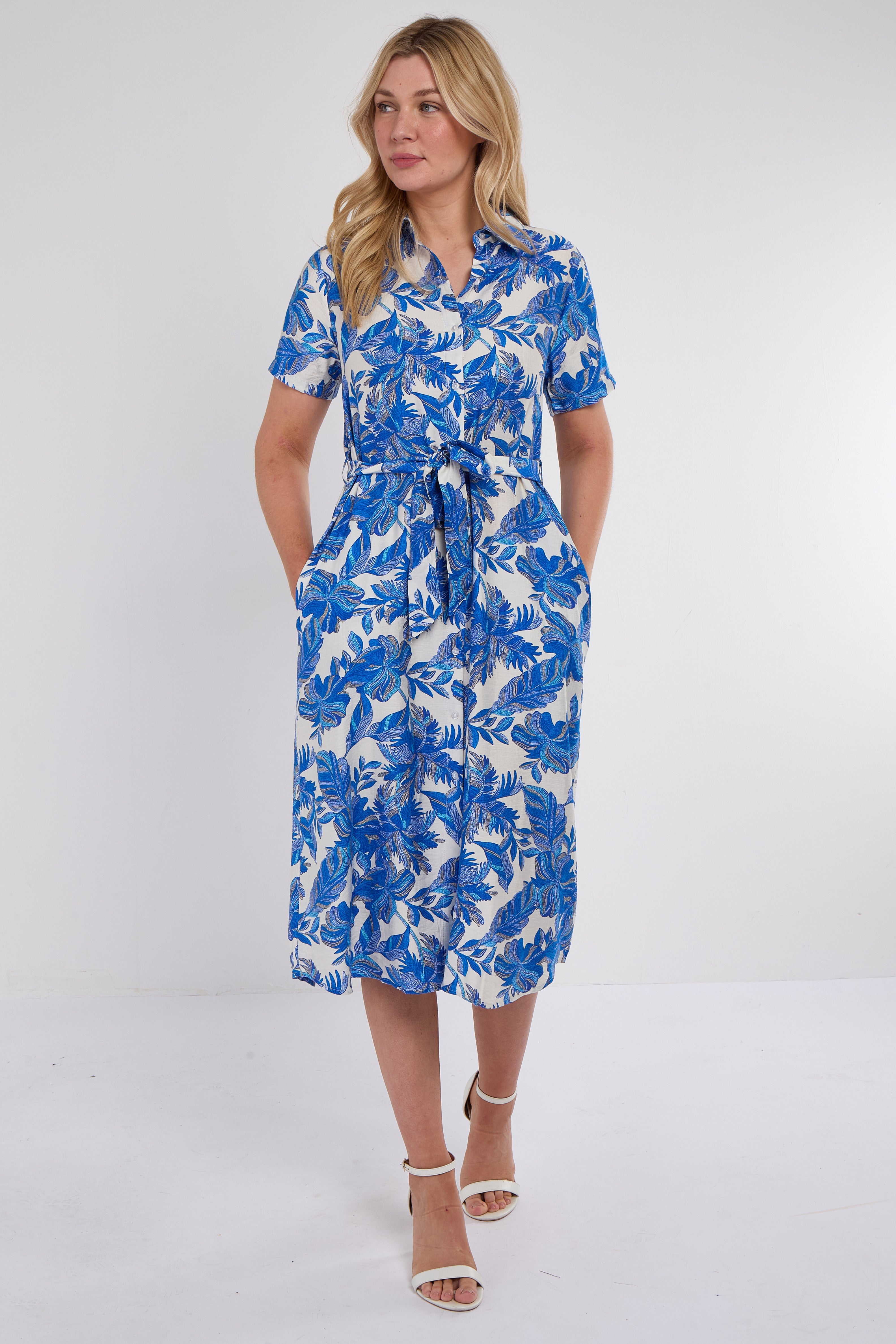 8Pcs Cobalt Floral Print Short Sleeve Midi Shirt Dress